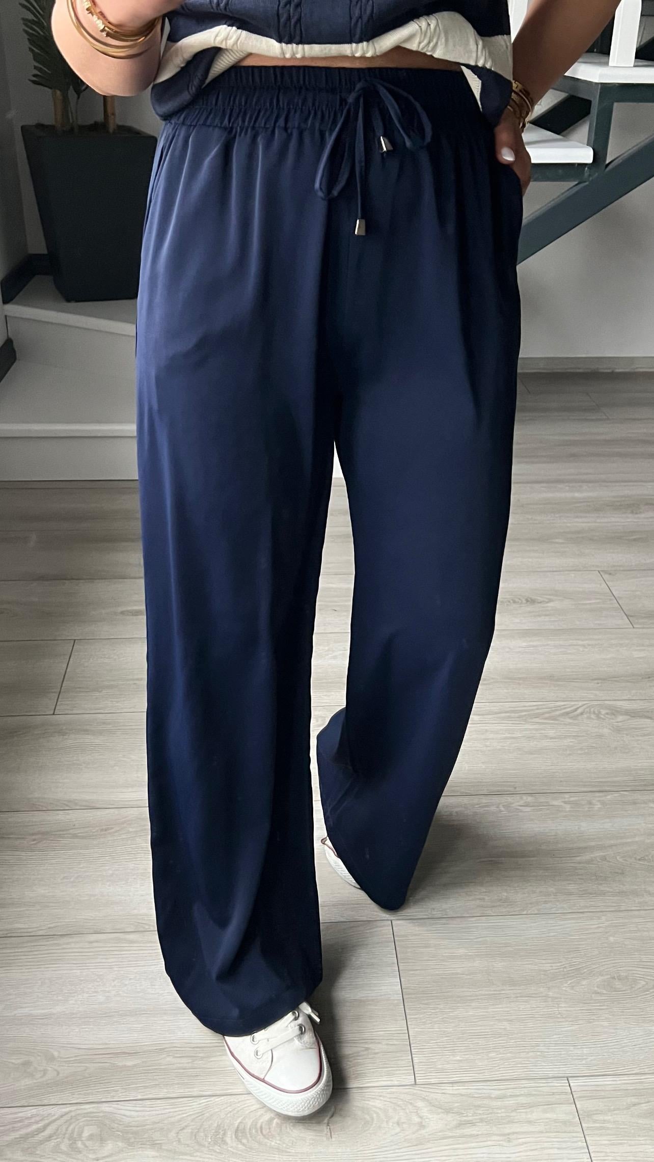 Lacivert Tensel Kumaş Beli Lastikli Pantolon