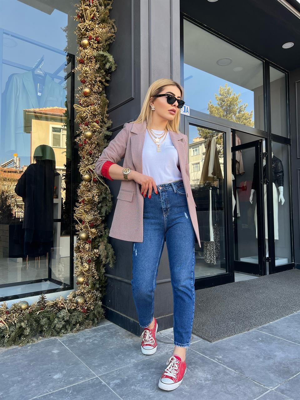 Lacivert Tırnak Detaylı Mom Jean