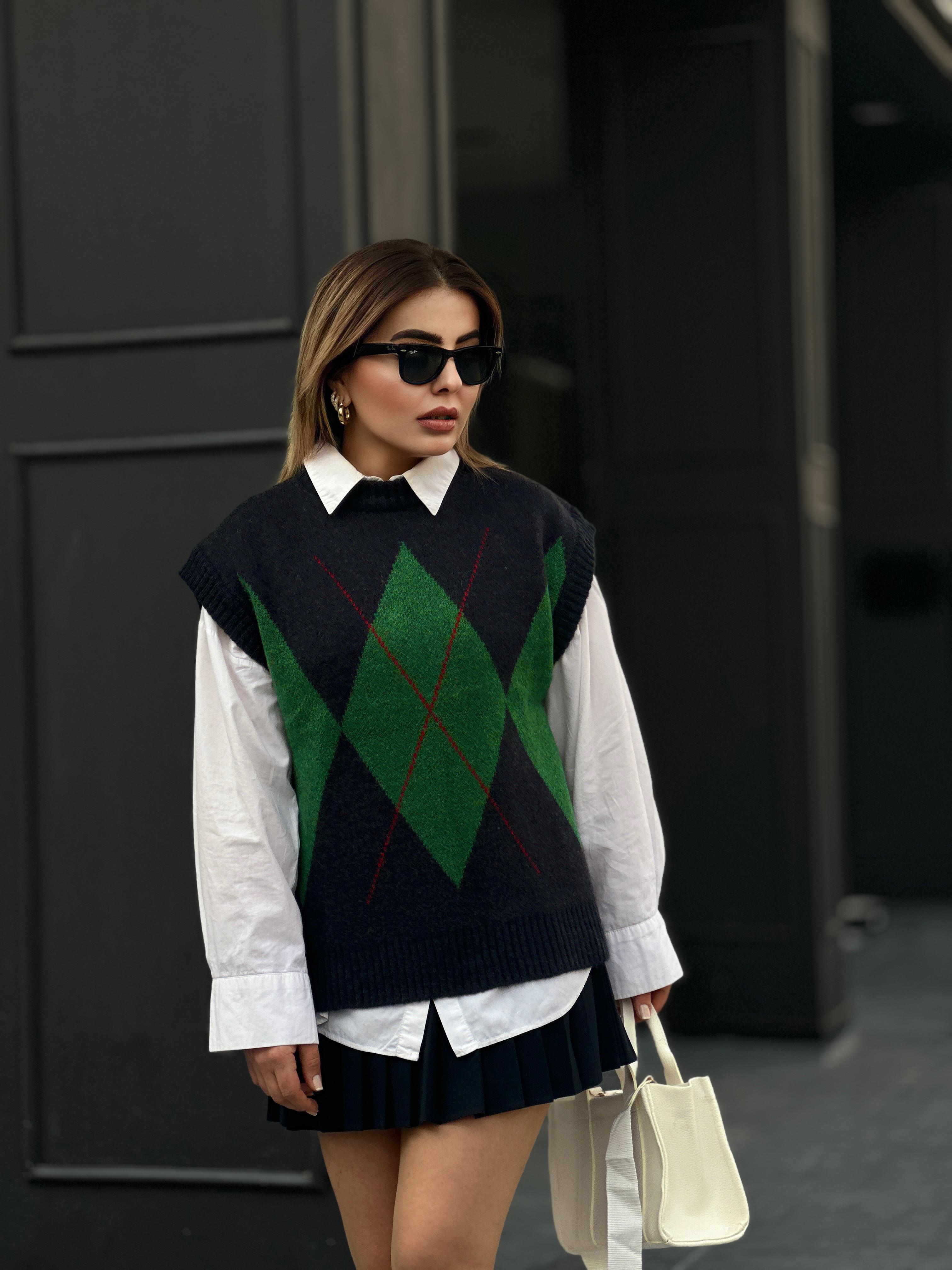 Navy Blue and Green Diamond Pattern Sweater