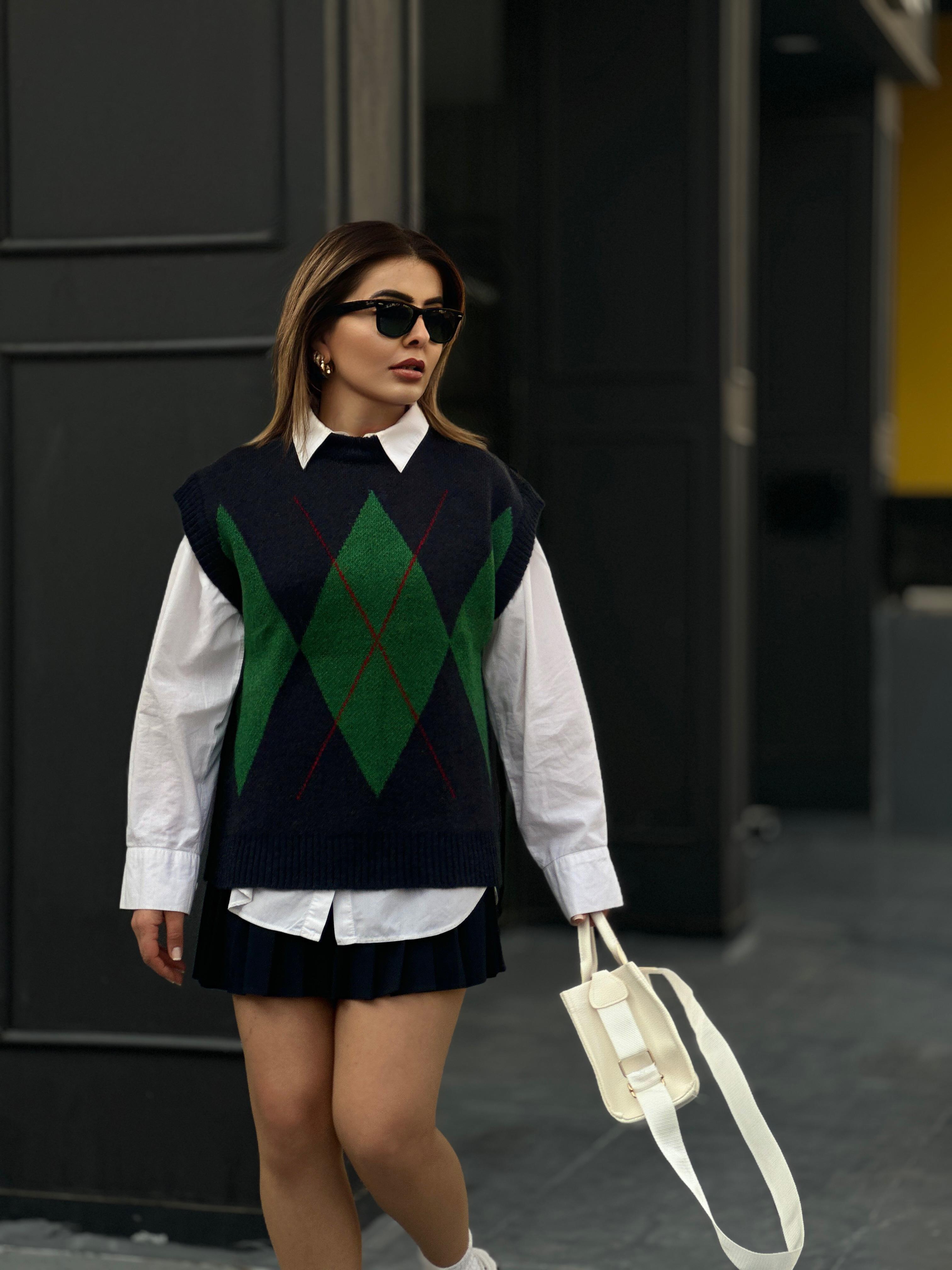 Navy Blue and Green Diamond Pattern Sweater