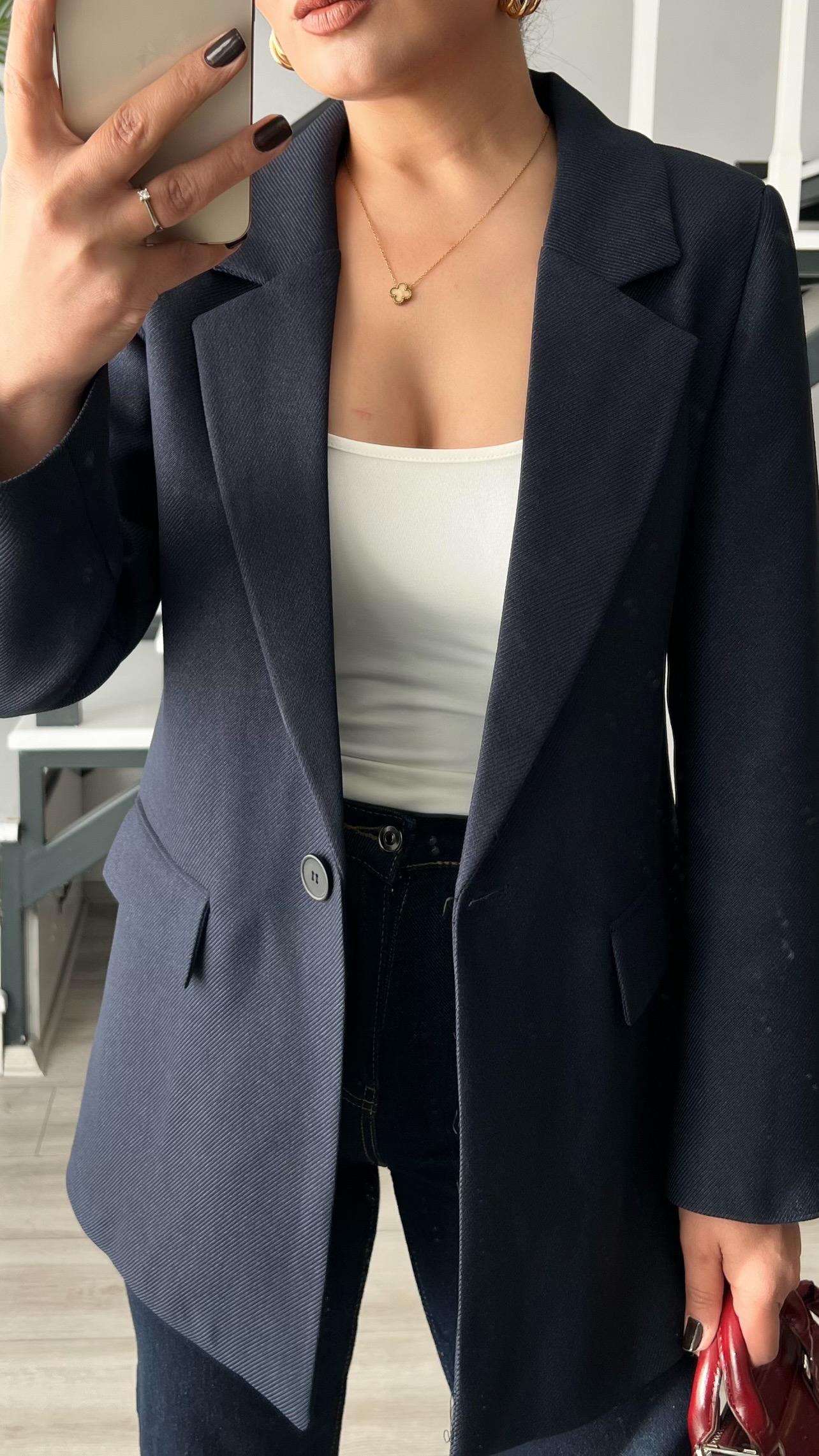 Lacivert Yün Effect Blazer Ceket