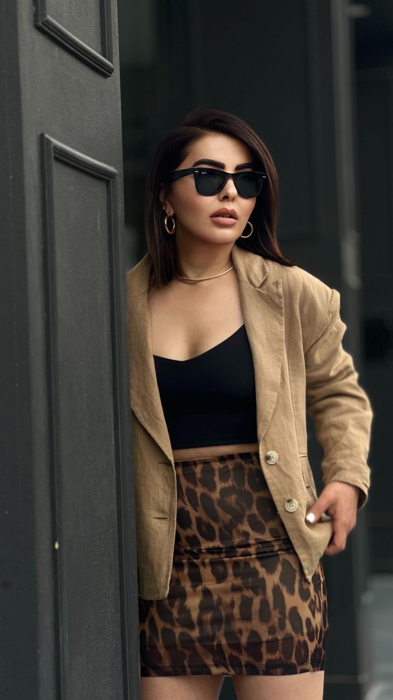 Leopar Desen Astarlı Mini Tül Etek