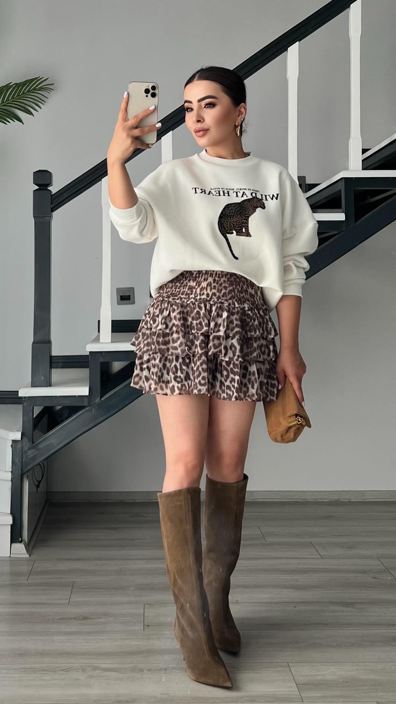 Leopar Desen Bel Gipeli Mini Etek