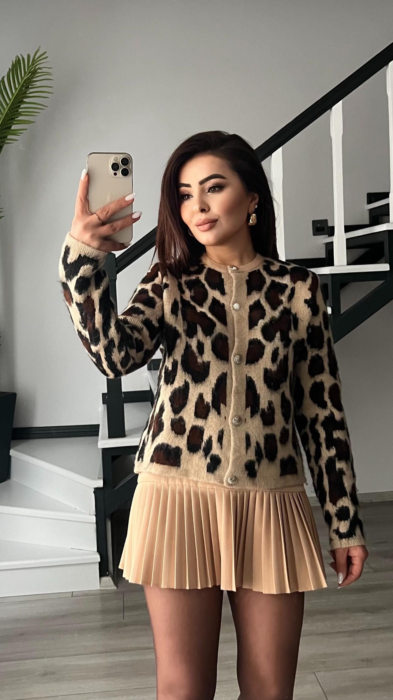 Leopar Desen Şardonlu Hırka 