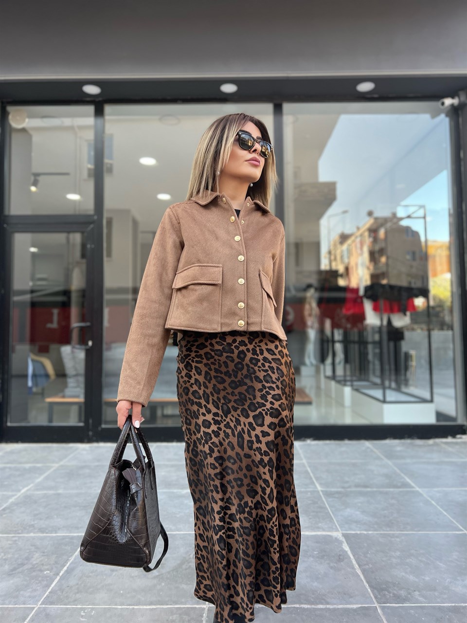 Leopar Desen Saten Etek