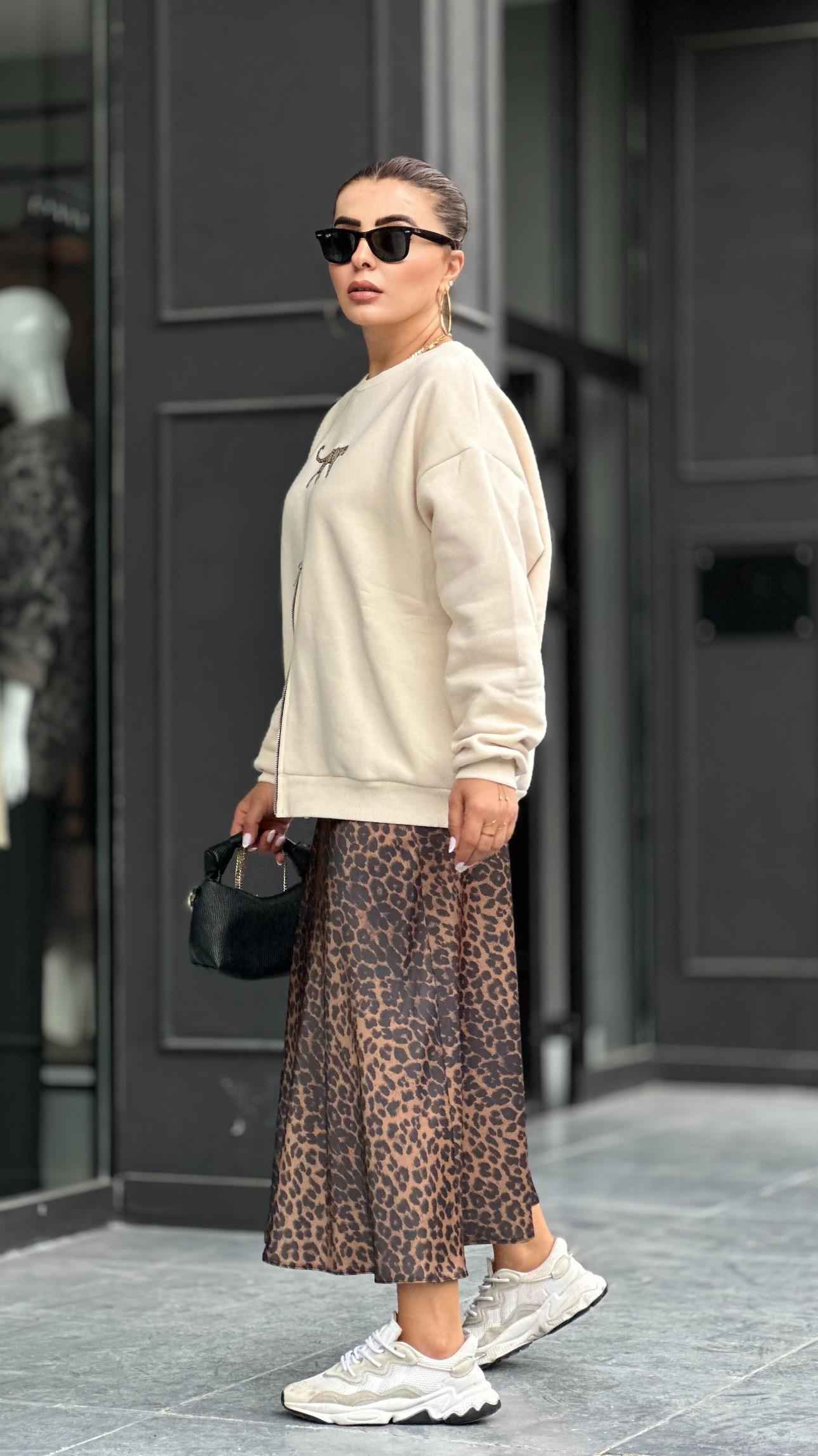 Leopar Desen Saten Verev Etek
