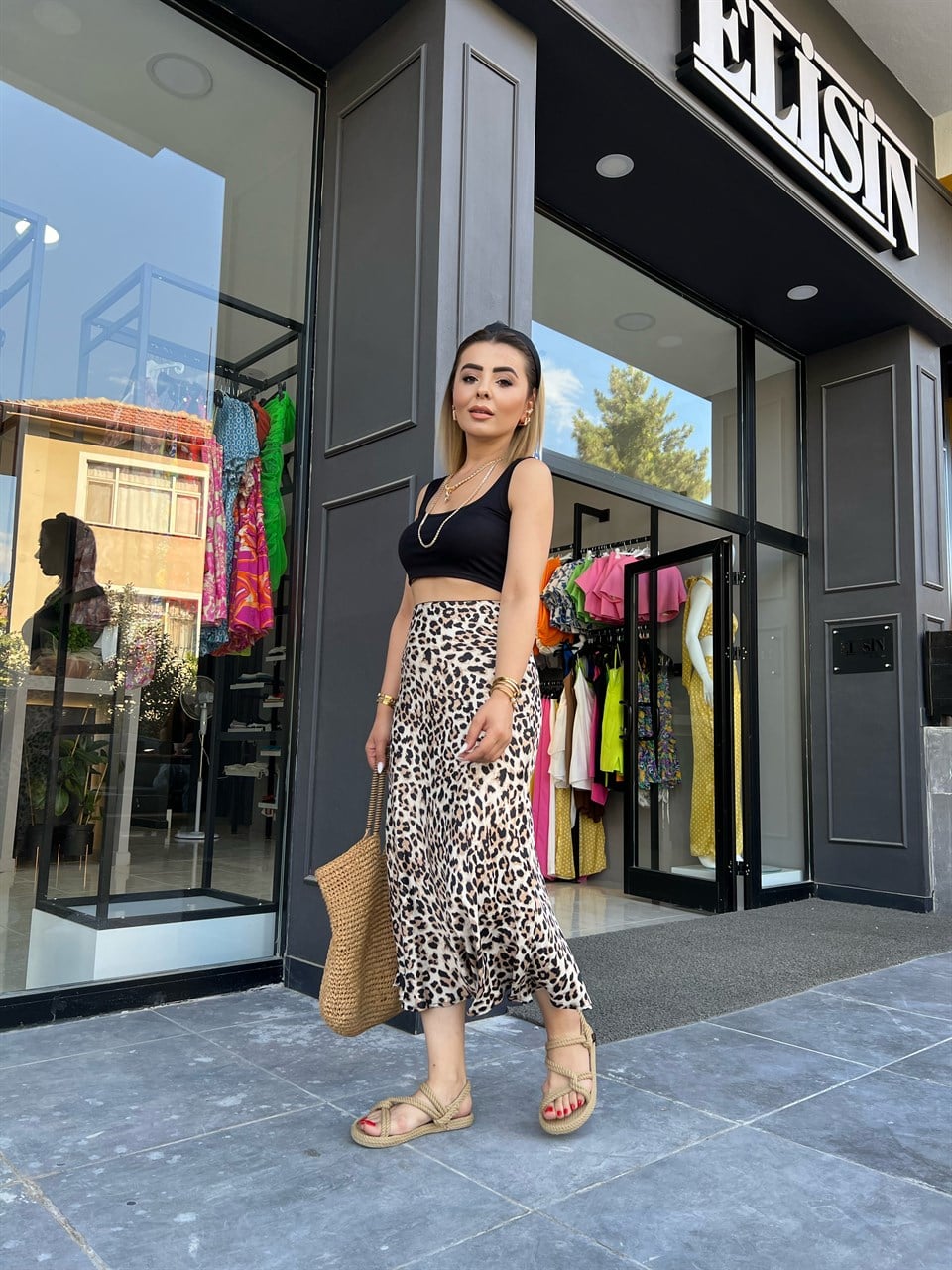 Leopar Desenli Saten Etek
