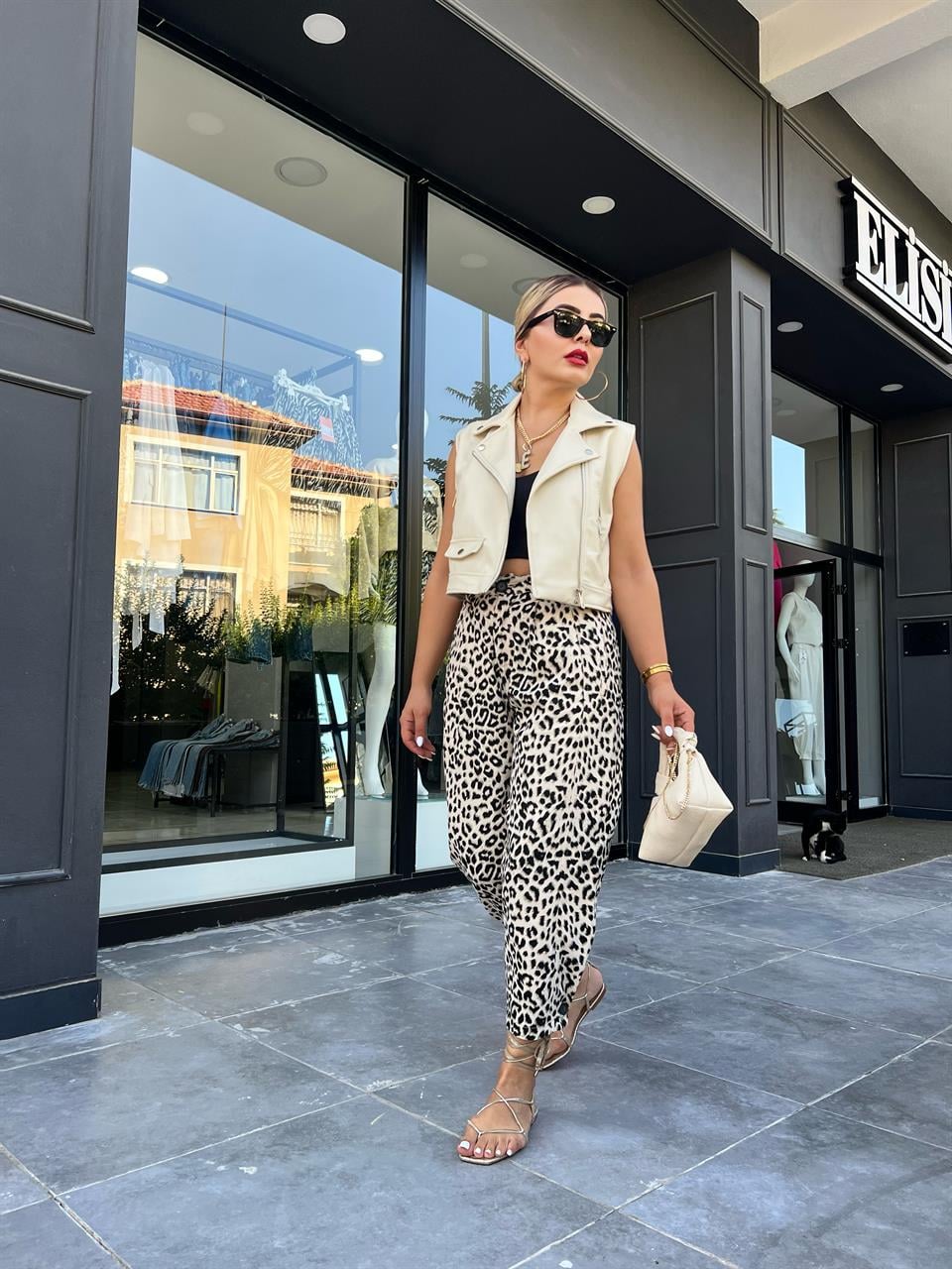 Leopar Paça Düğmeli Slouchy Pantolon