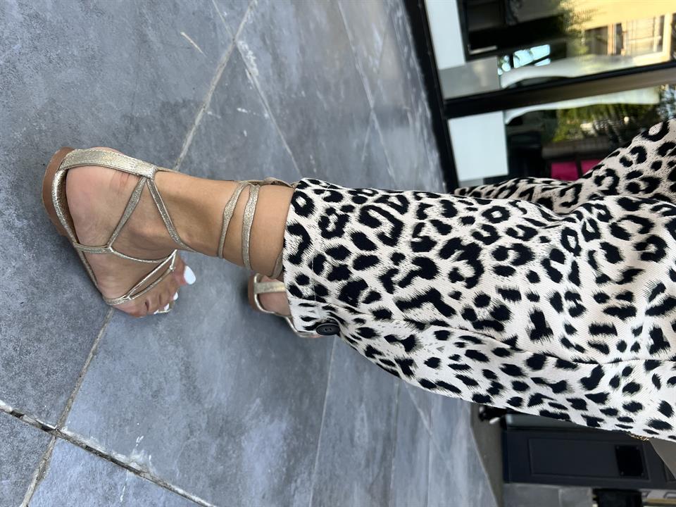Leopar Paça Düğmeli Slouchy Pantolon