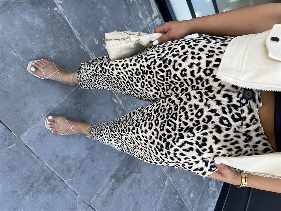 Leopar Paça Düğmeli Slouchy Pantolon