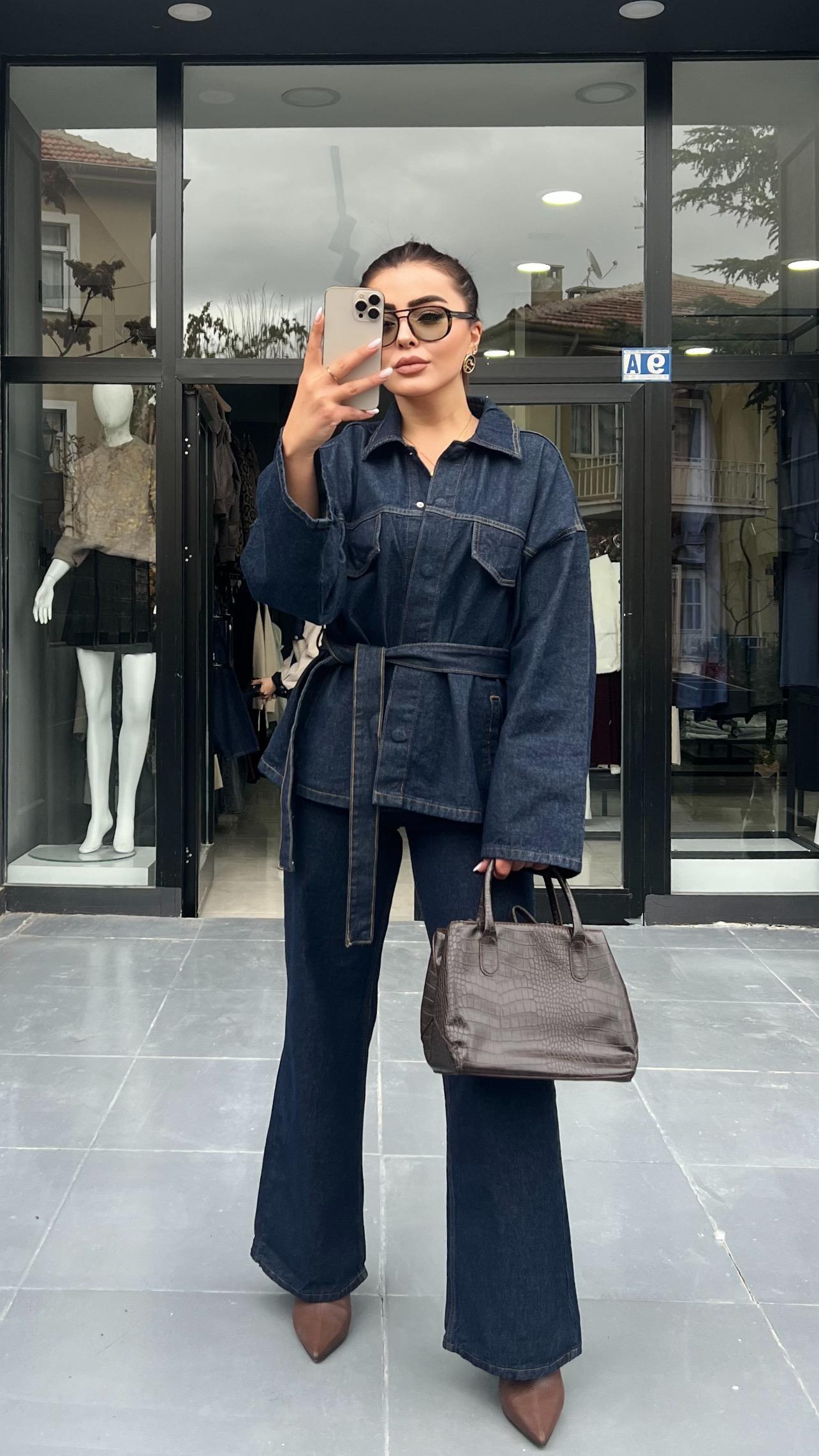 Marka Model Belden Bağlamalı Denim Takım