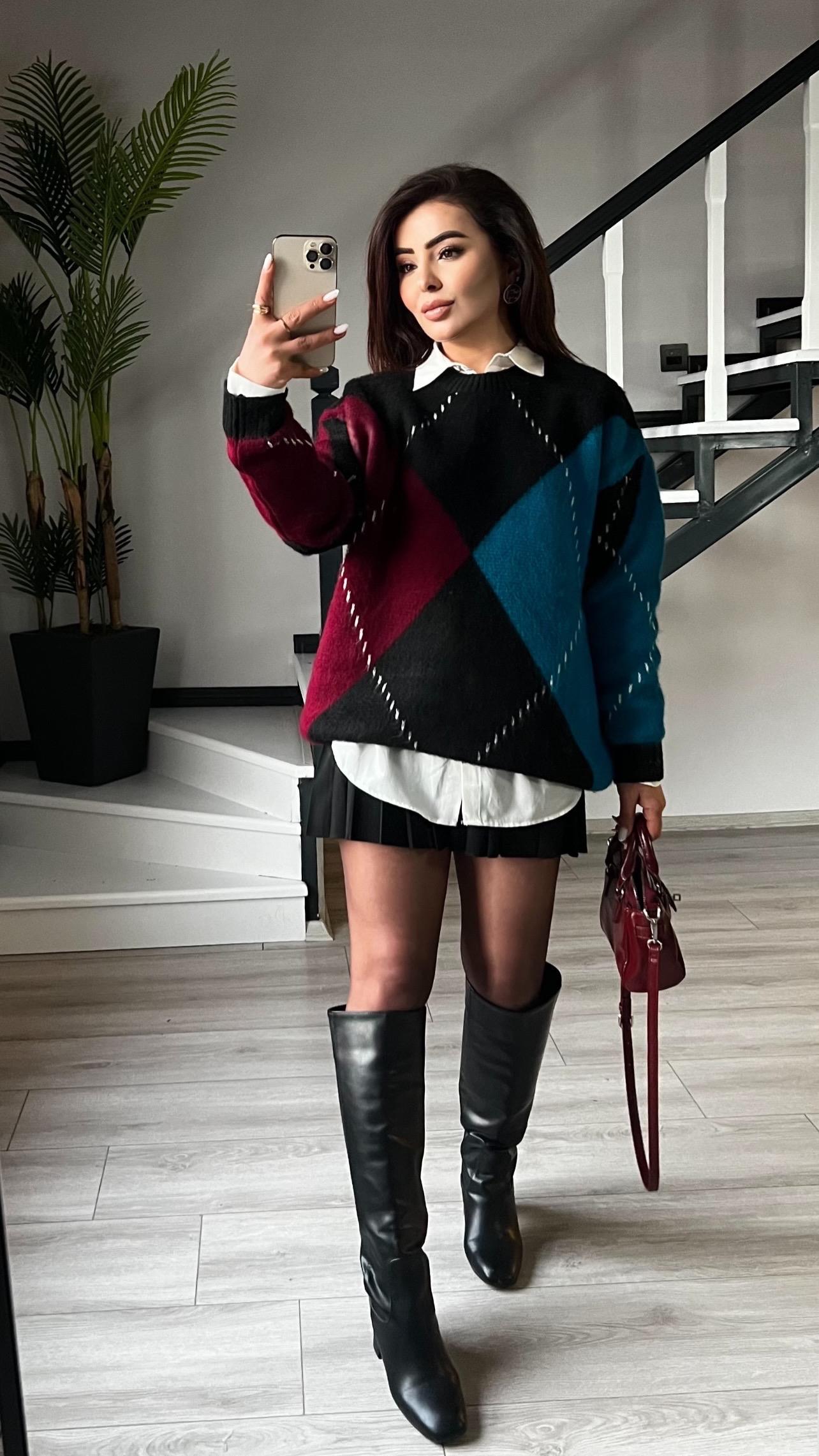 Marka Model Bordo - Turkuaz Baklava Desen Kazak 