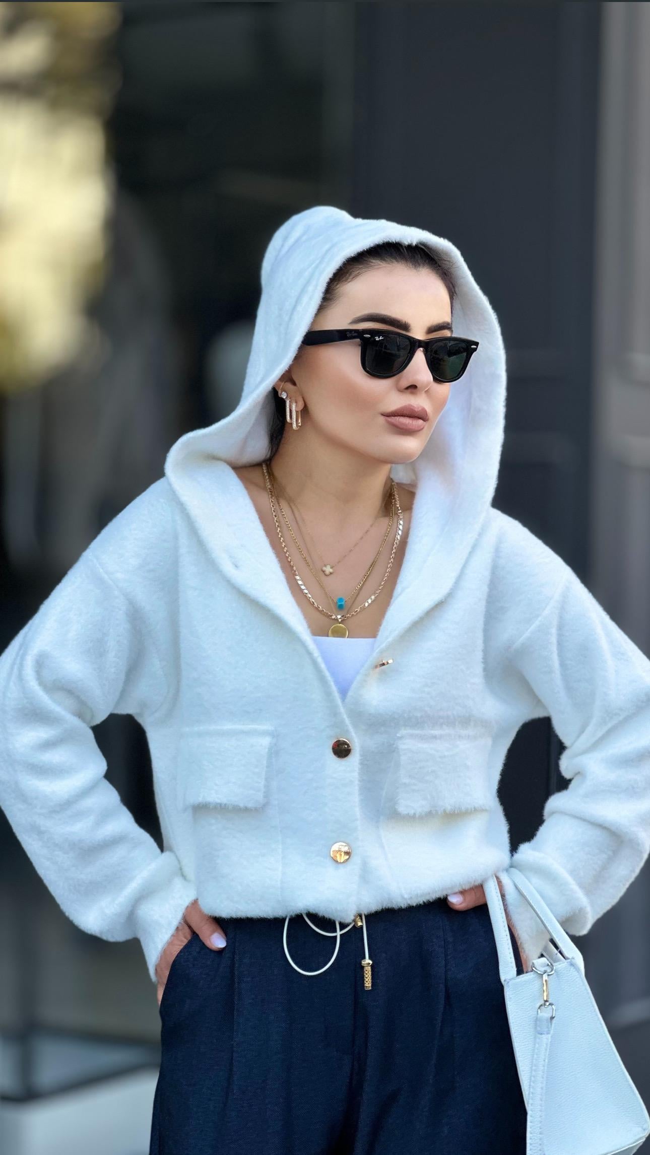 Brand Model: Ecru Hooded Buttoned Plush Cardigan