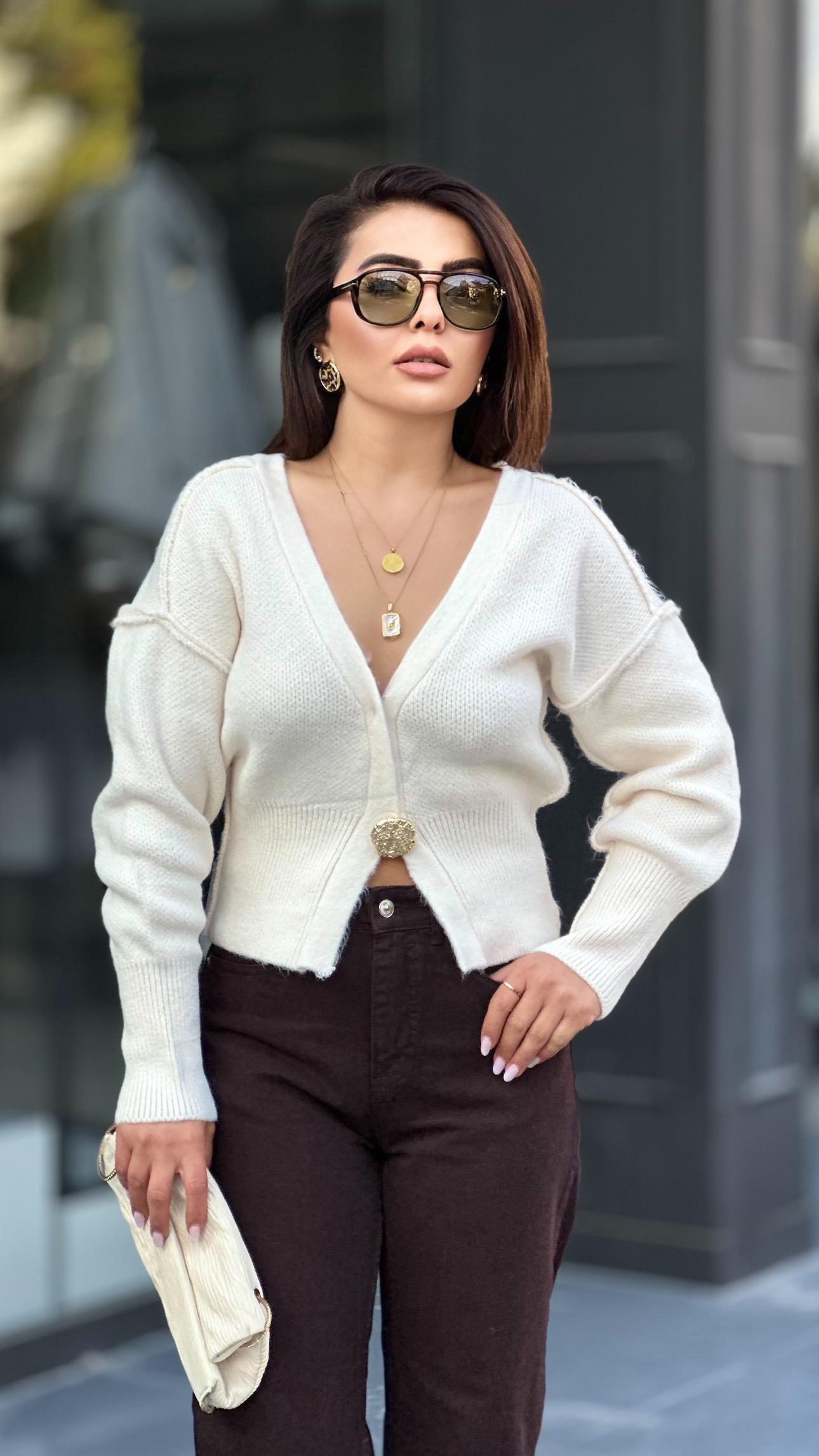 Brand Model Cream Premium Gold Button Trim Cardigan