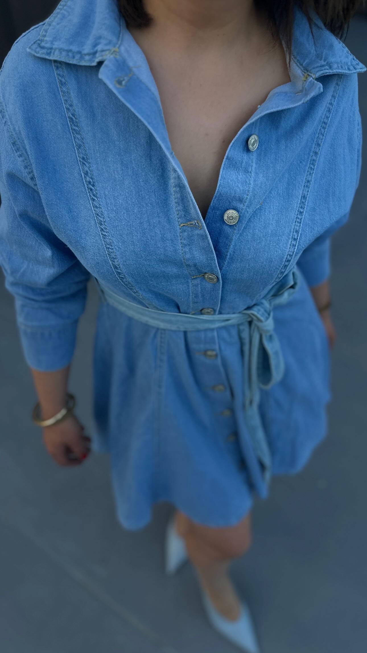 Marka Model Kuşak Detaylı Denim Elbise 