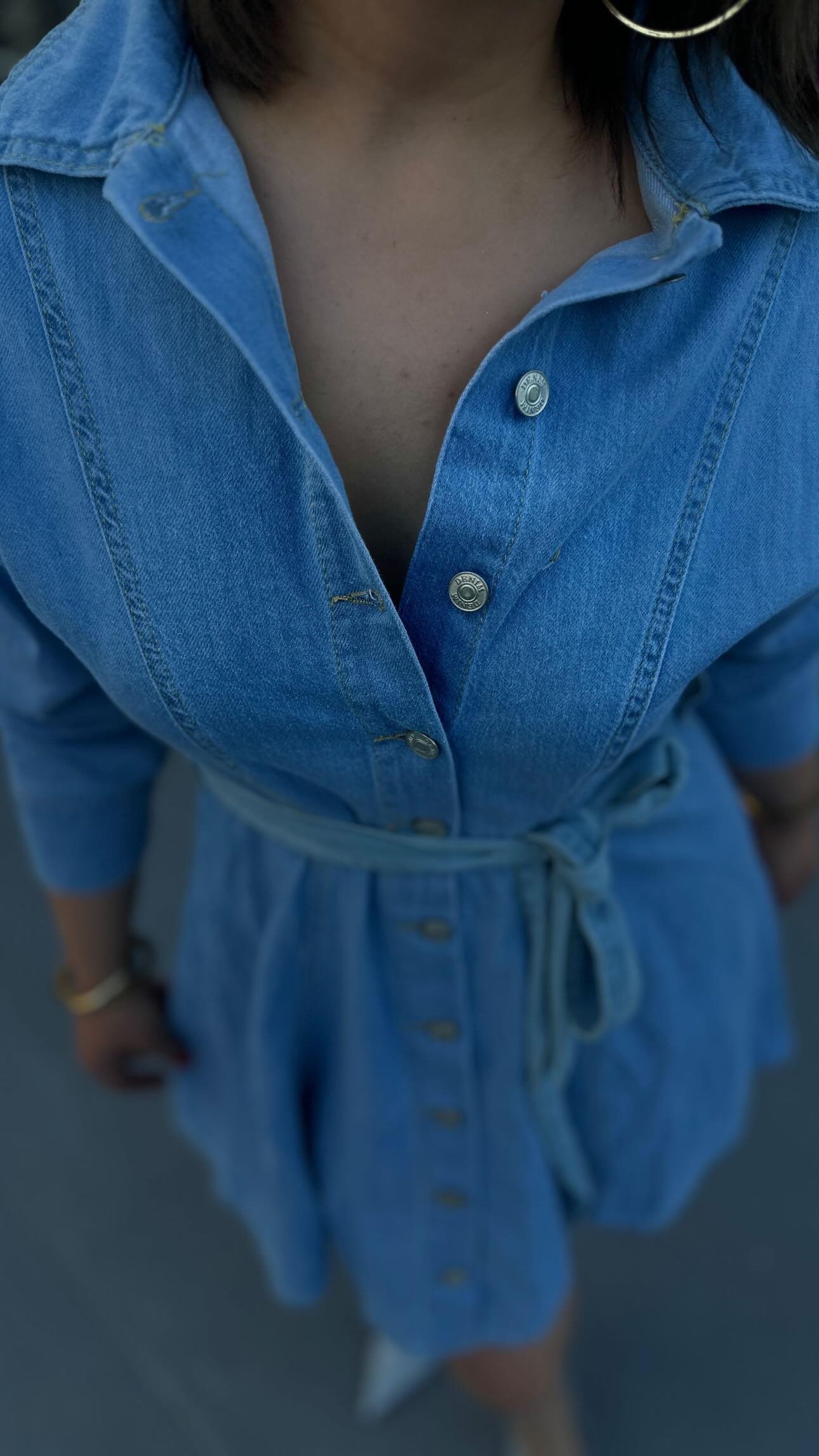 Marka Model Kuşak Detaylı Denim Elbise 