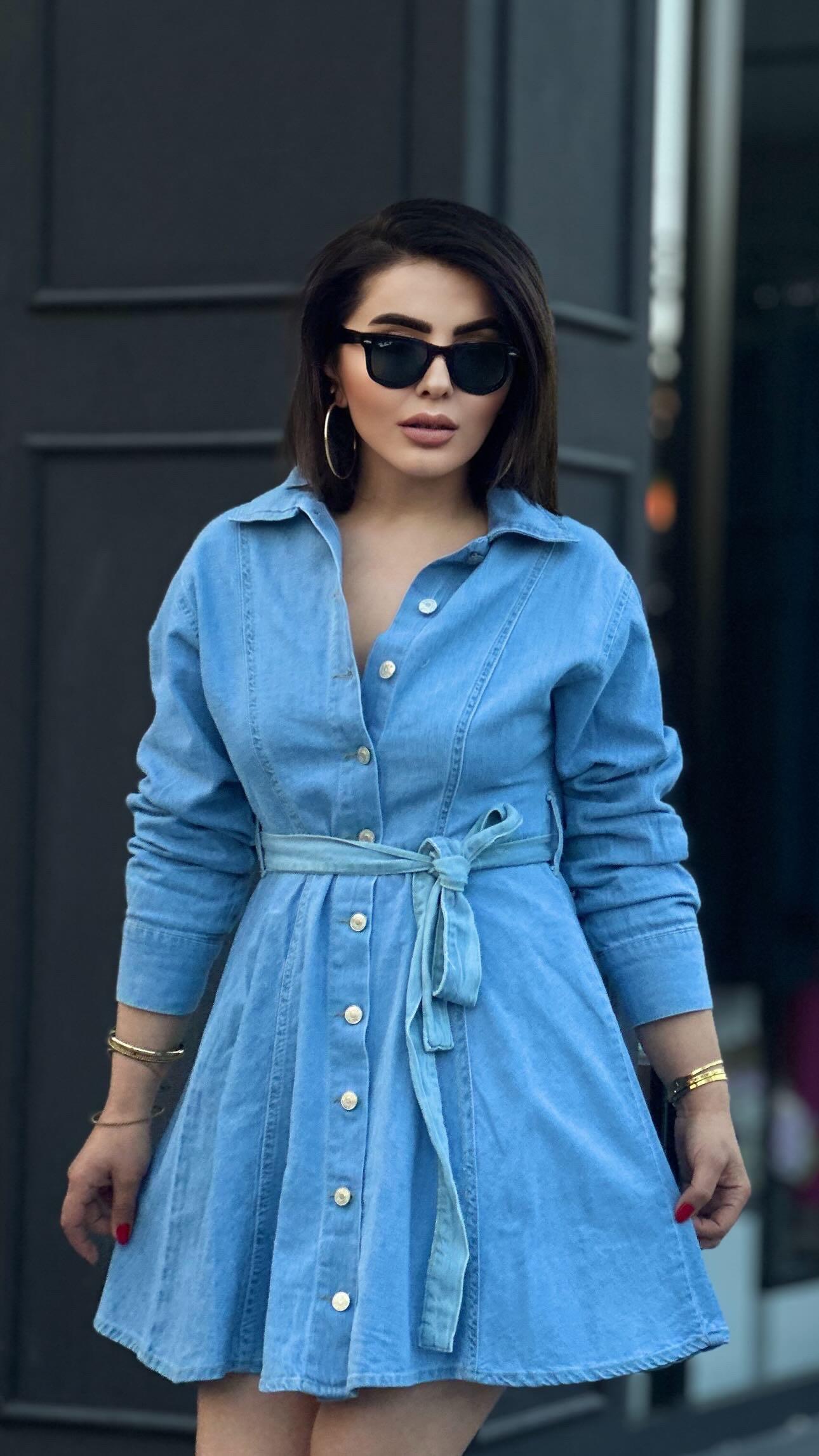 Marka Model Kuşak Detaylı Denim Elbise 