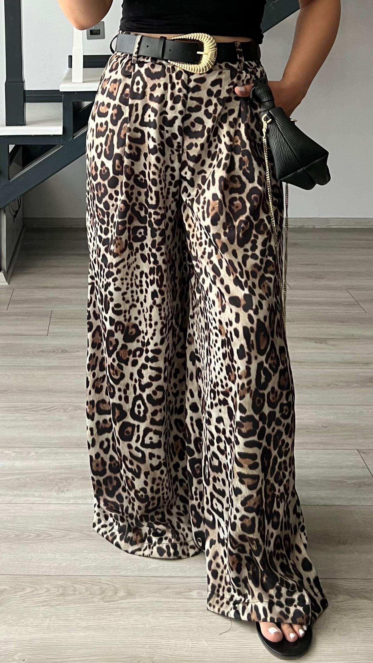 Marka Model Leopar Desen Kemerli Saten Pantolon