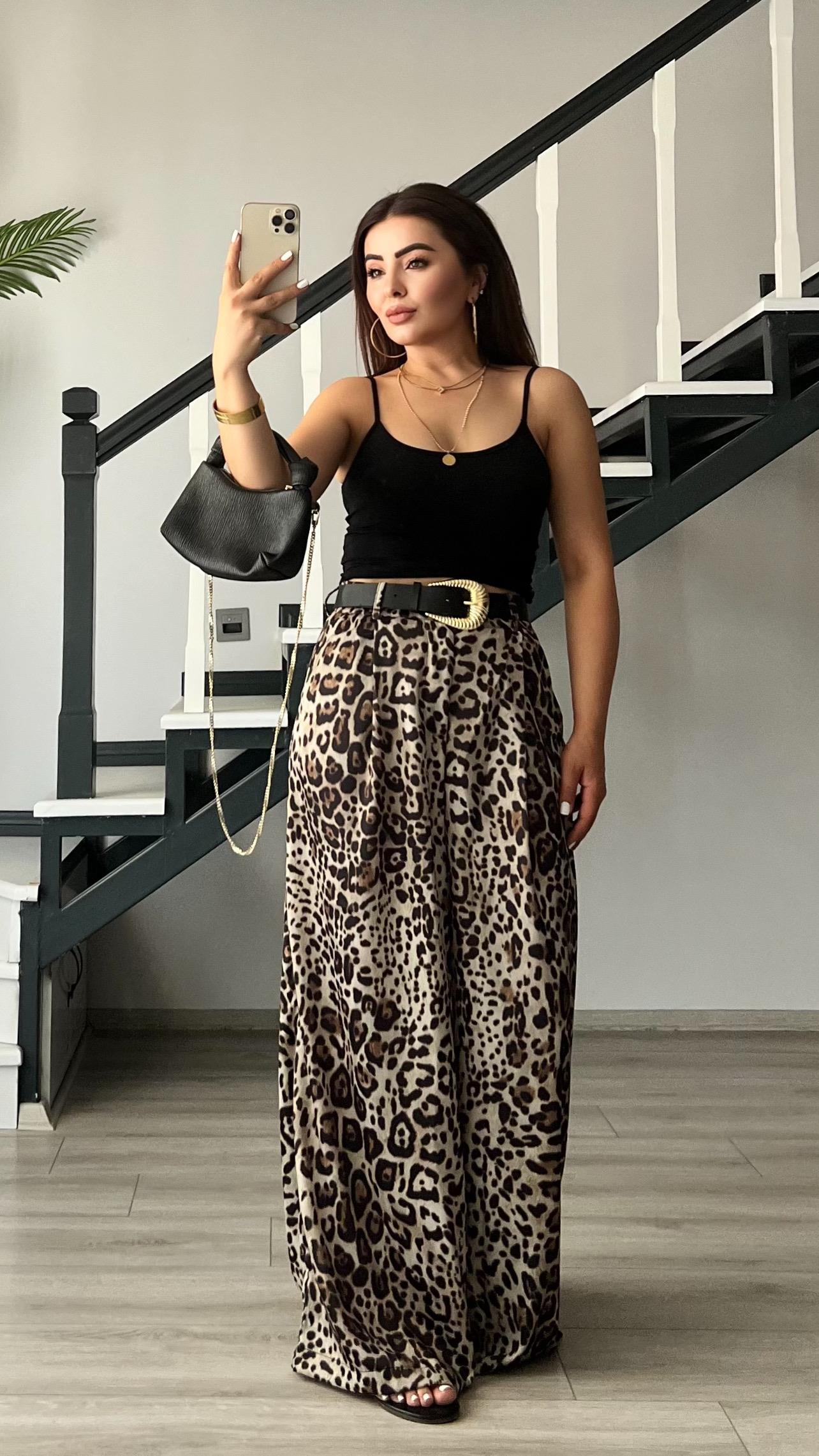 Marka Model Leopar Desen Kemerli Saten Pantolon