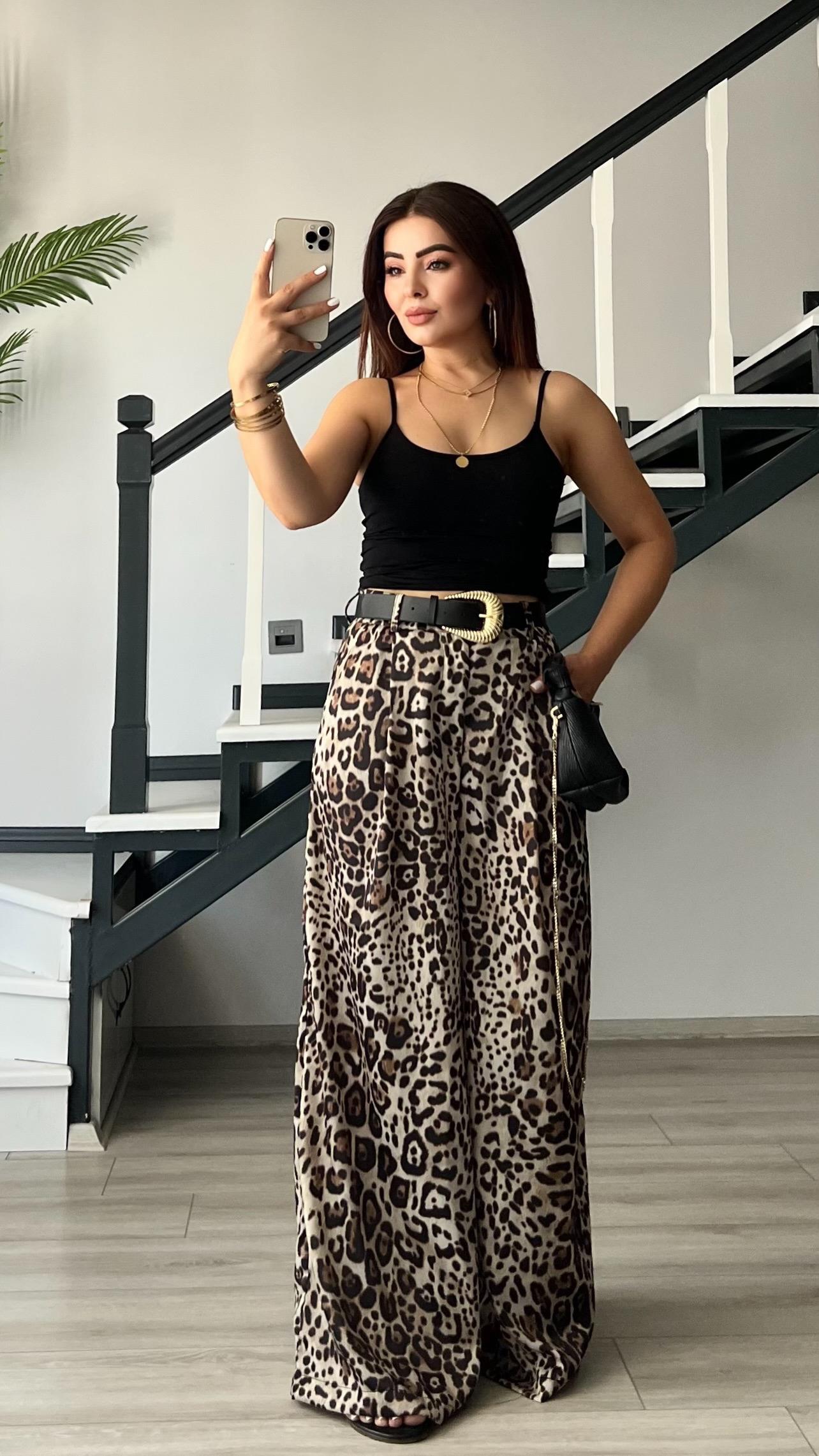 Marka Model Leopar Desen Kemerli Saten Pantolon