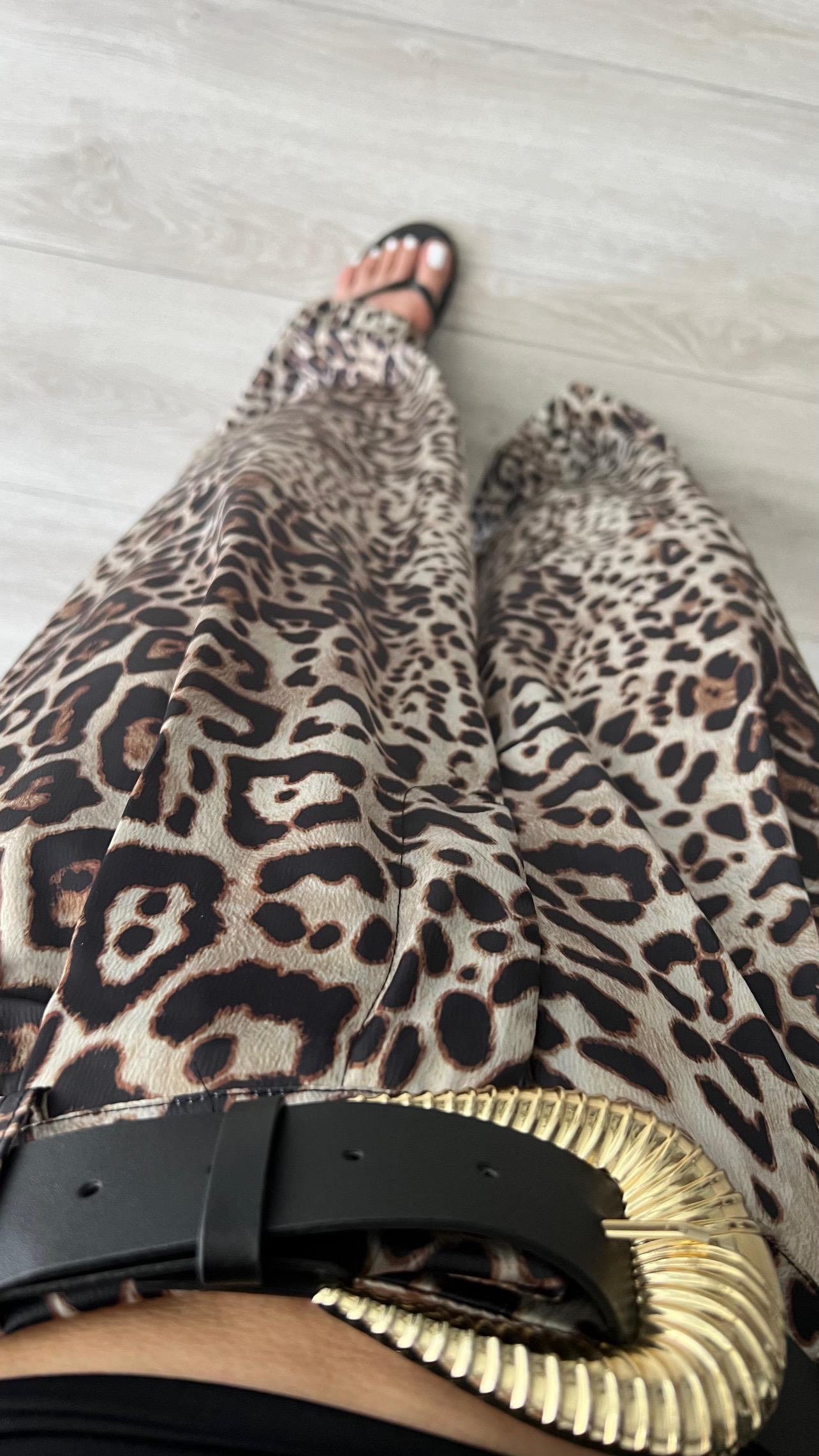 Marka Model Leopar Desen Kemerli Saten Pantolon