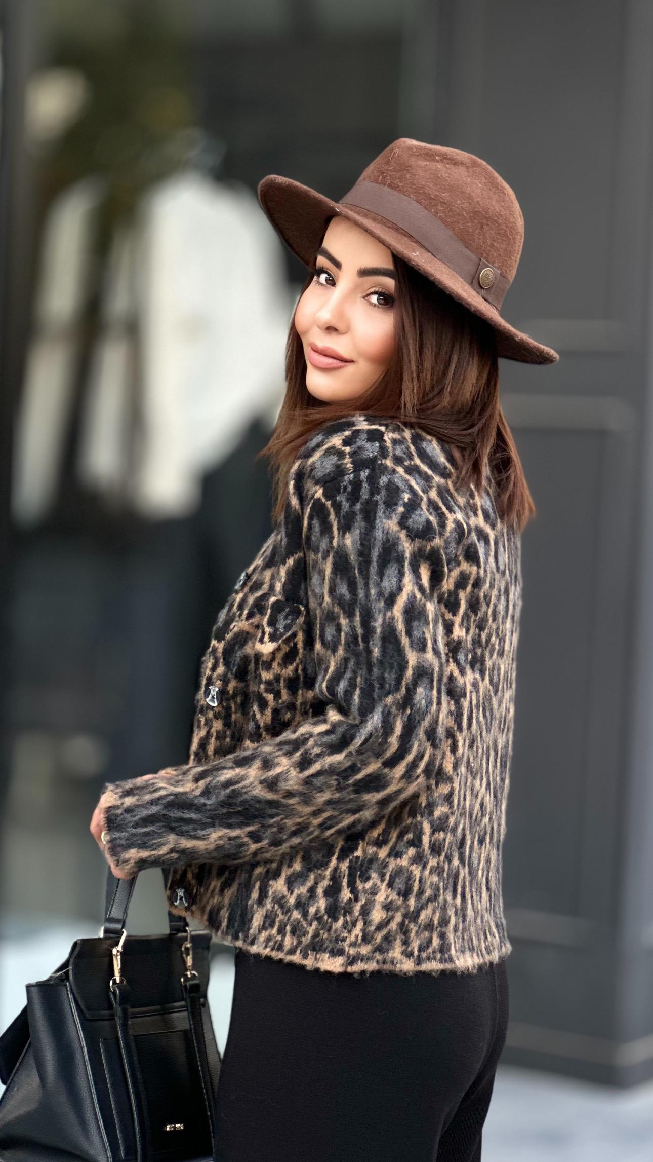 Brand Model Black - Camel Leo Print Plush Cardigan