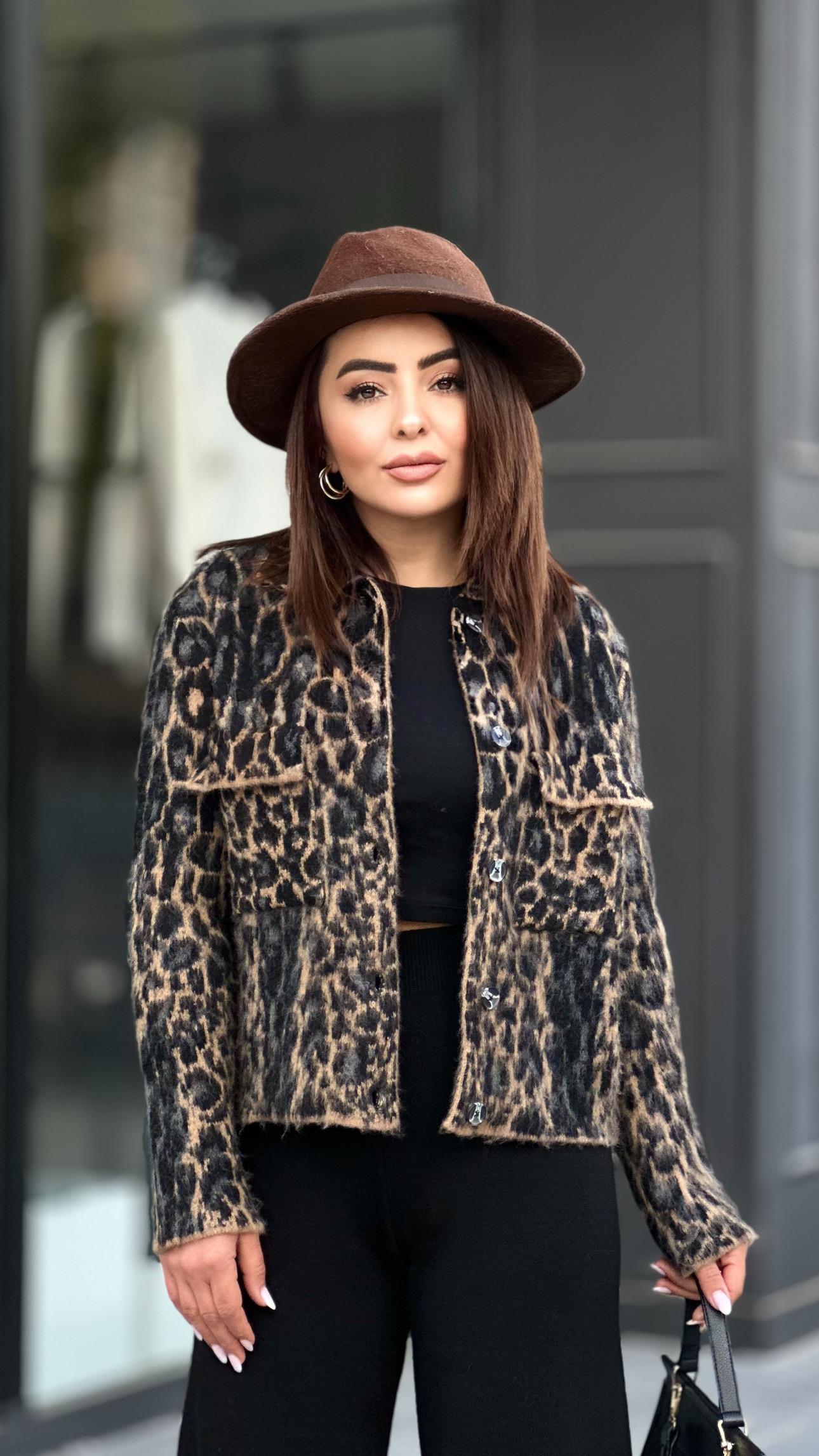 Brand Model Black - Camel Leo Print Plush Cardigan