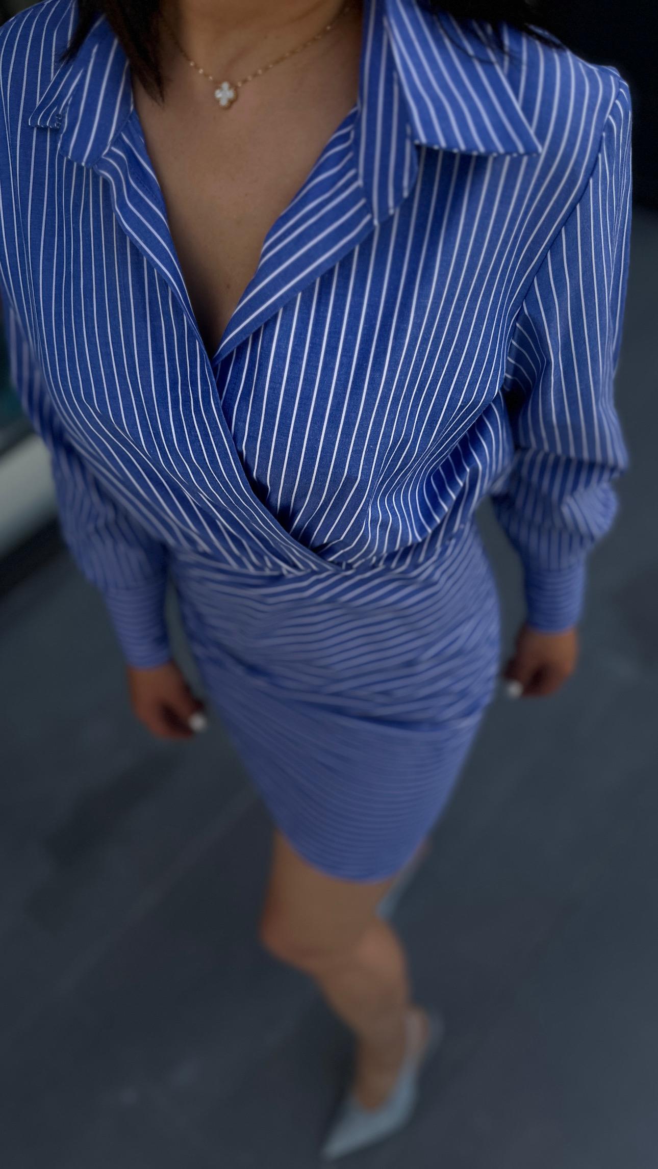 Blue Striped Shirt Detail Dress