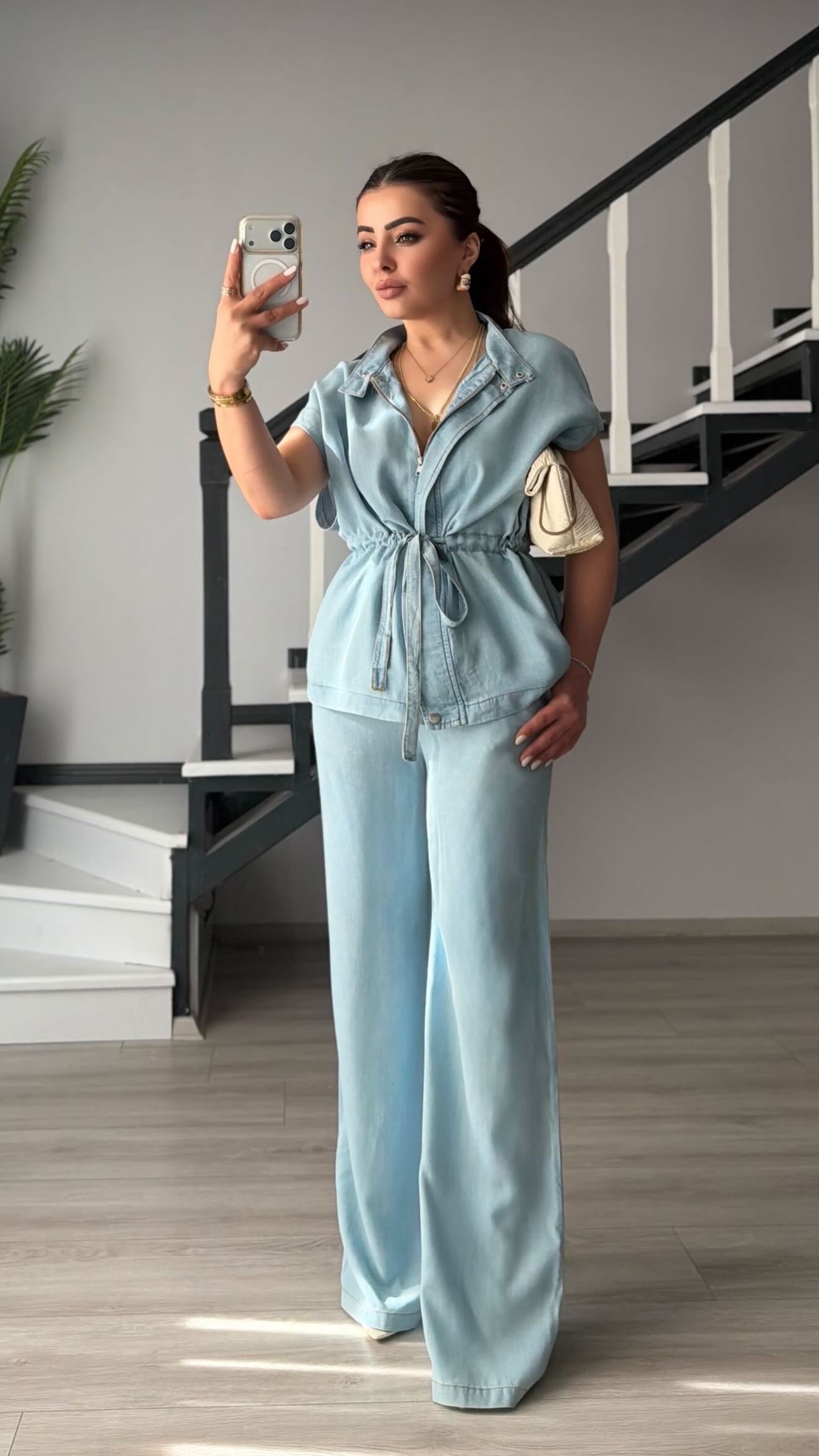 Blue Denim-Look Tencel Vest & Trousers Set