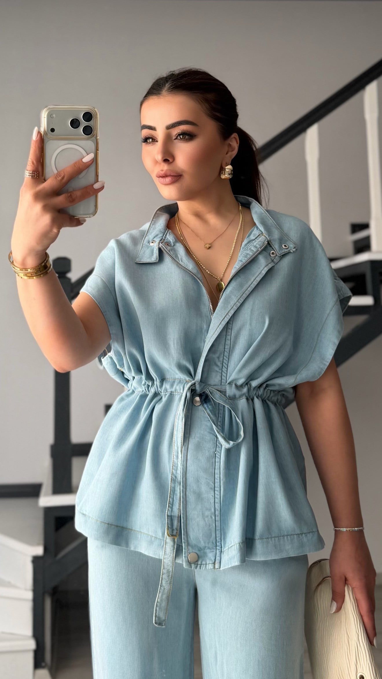Blue Denim-Look Tencel Vest & Trousers Set
