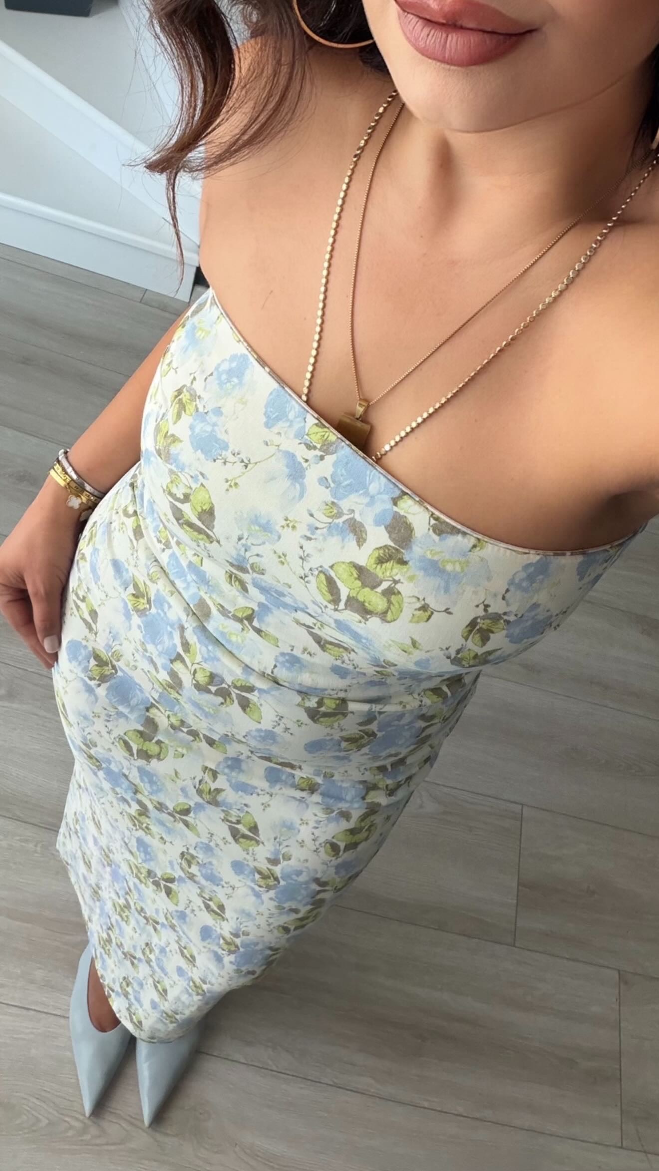 Blue Patterned Strapless Dress
