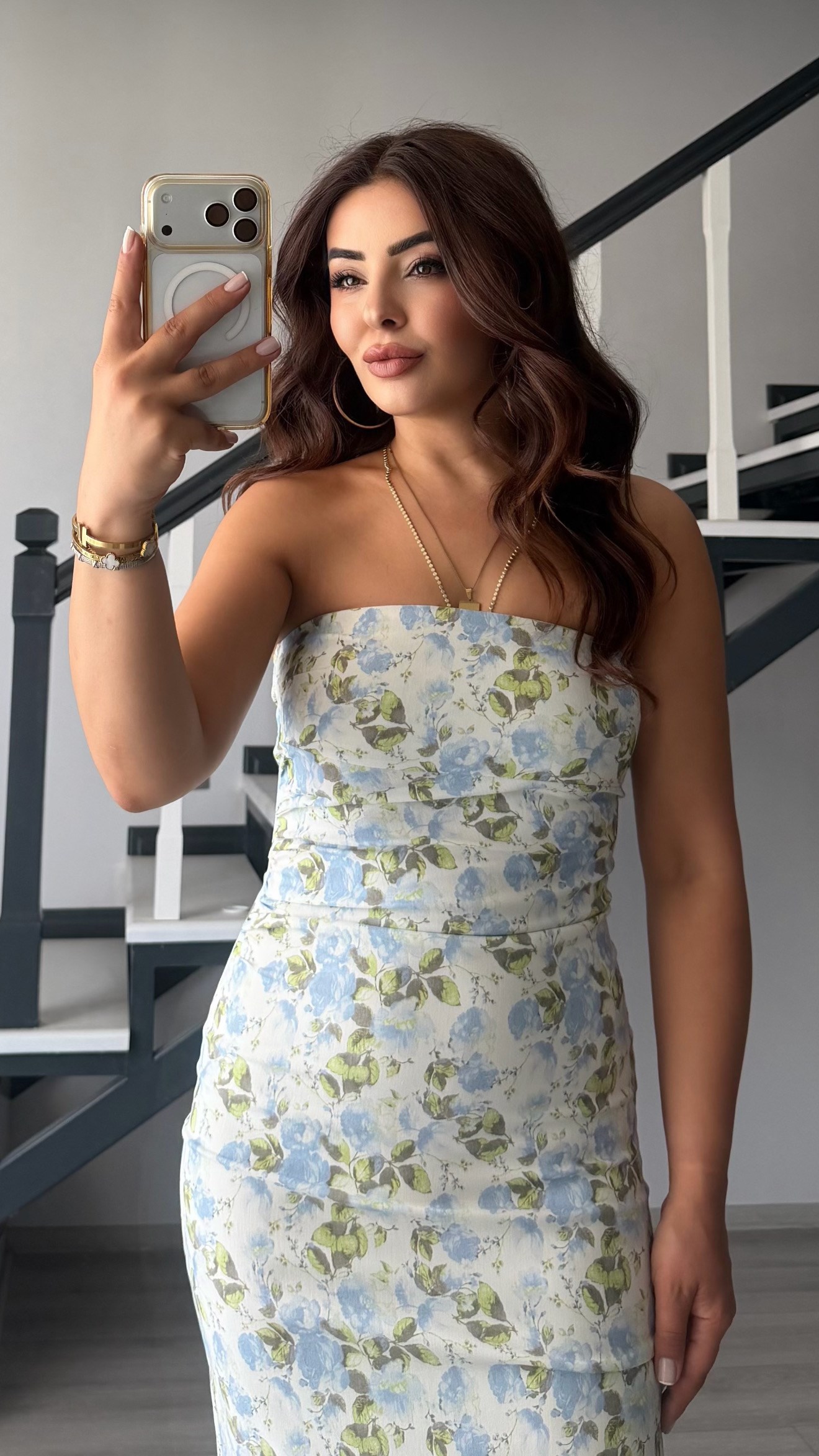 Blue Patterned Strapless Dress