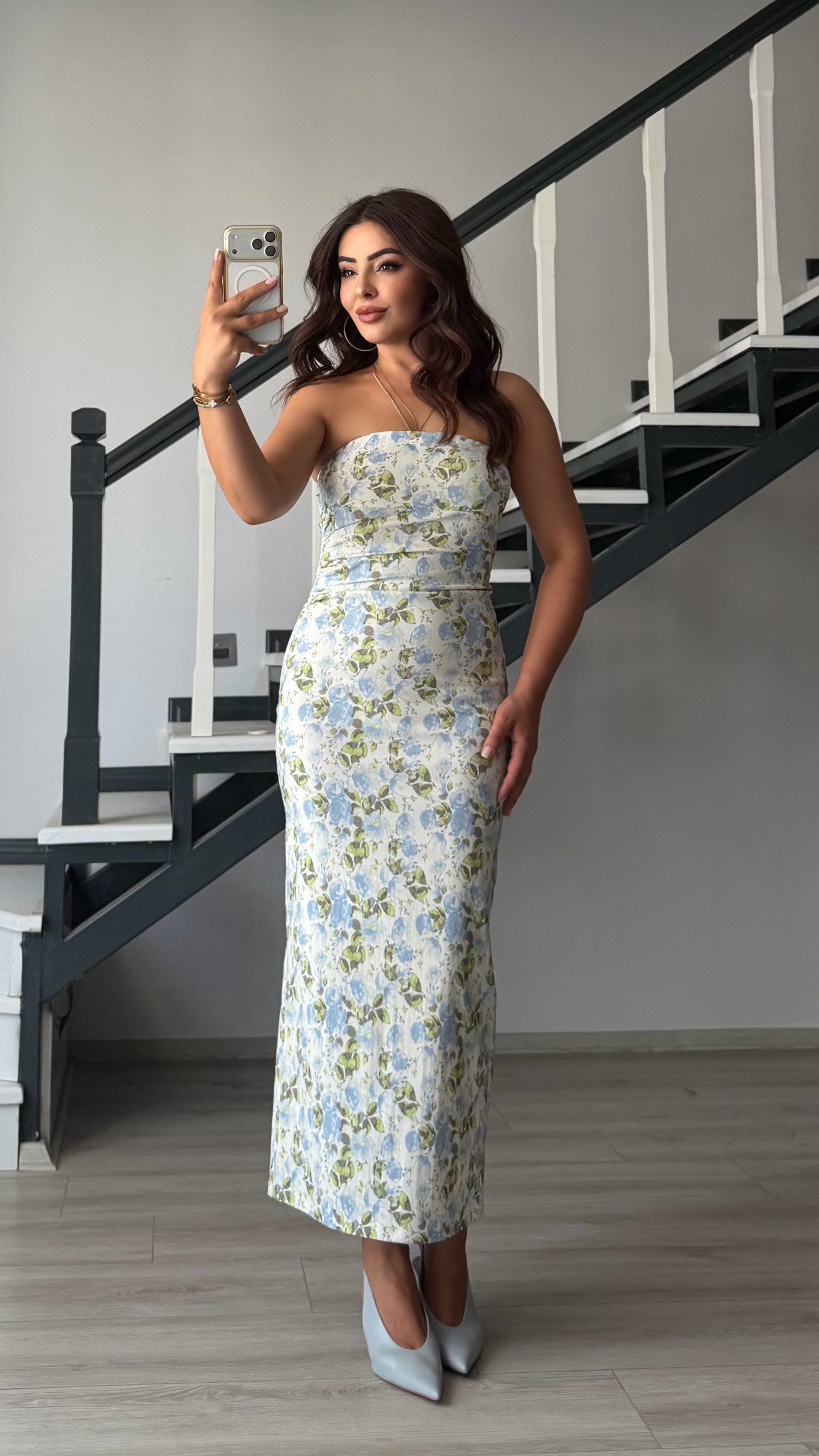 Blue Patterned Strapless Dress