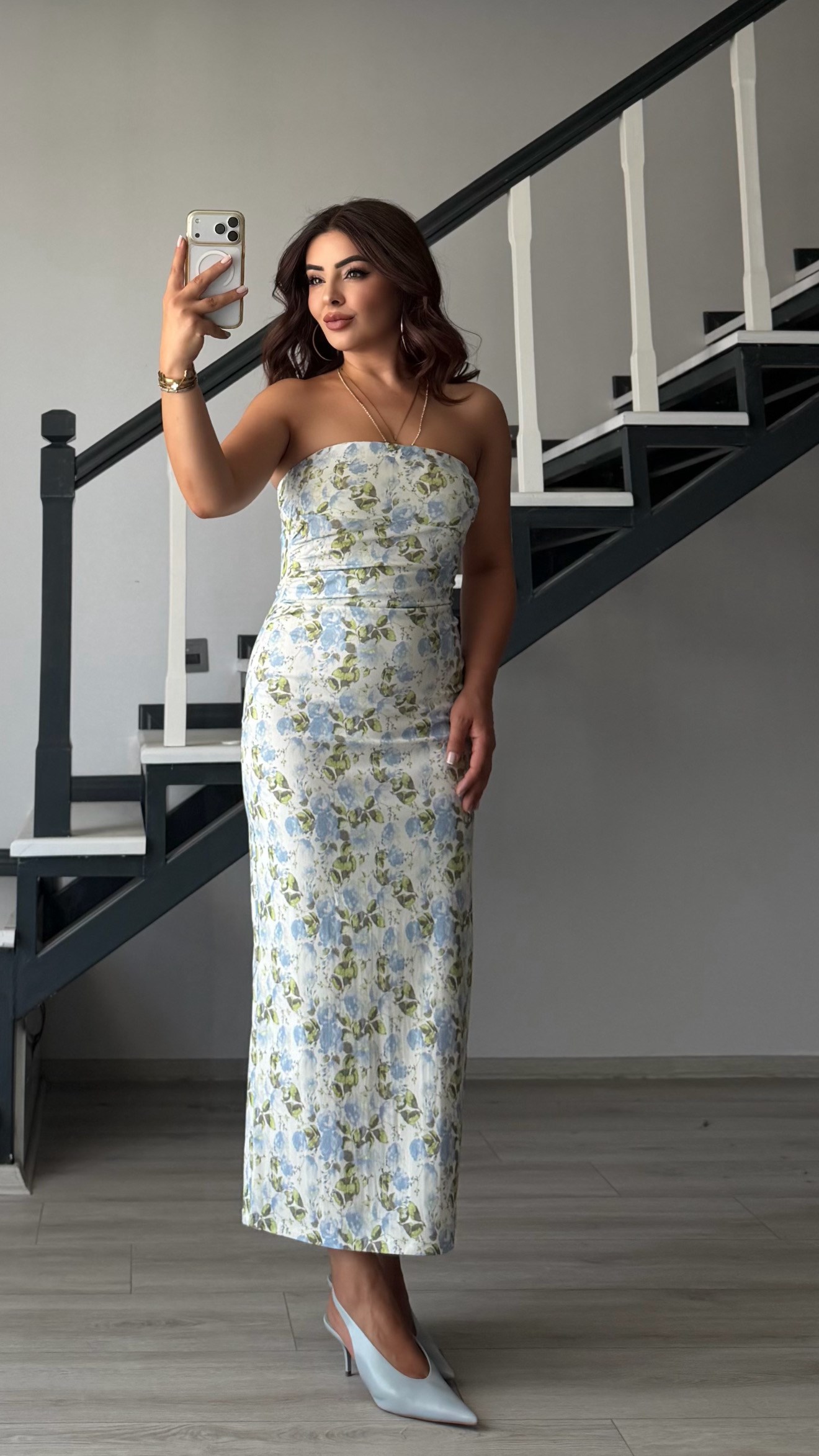 Blue Patterned Strapless Dress