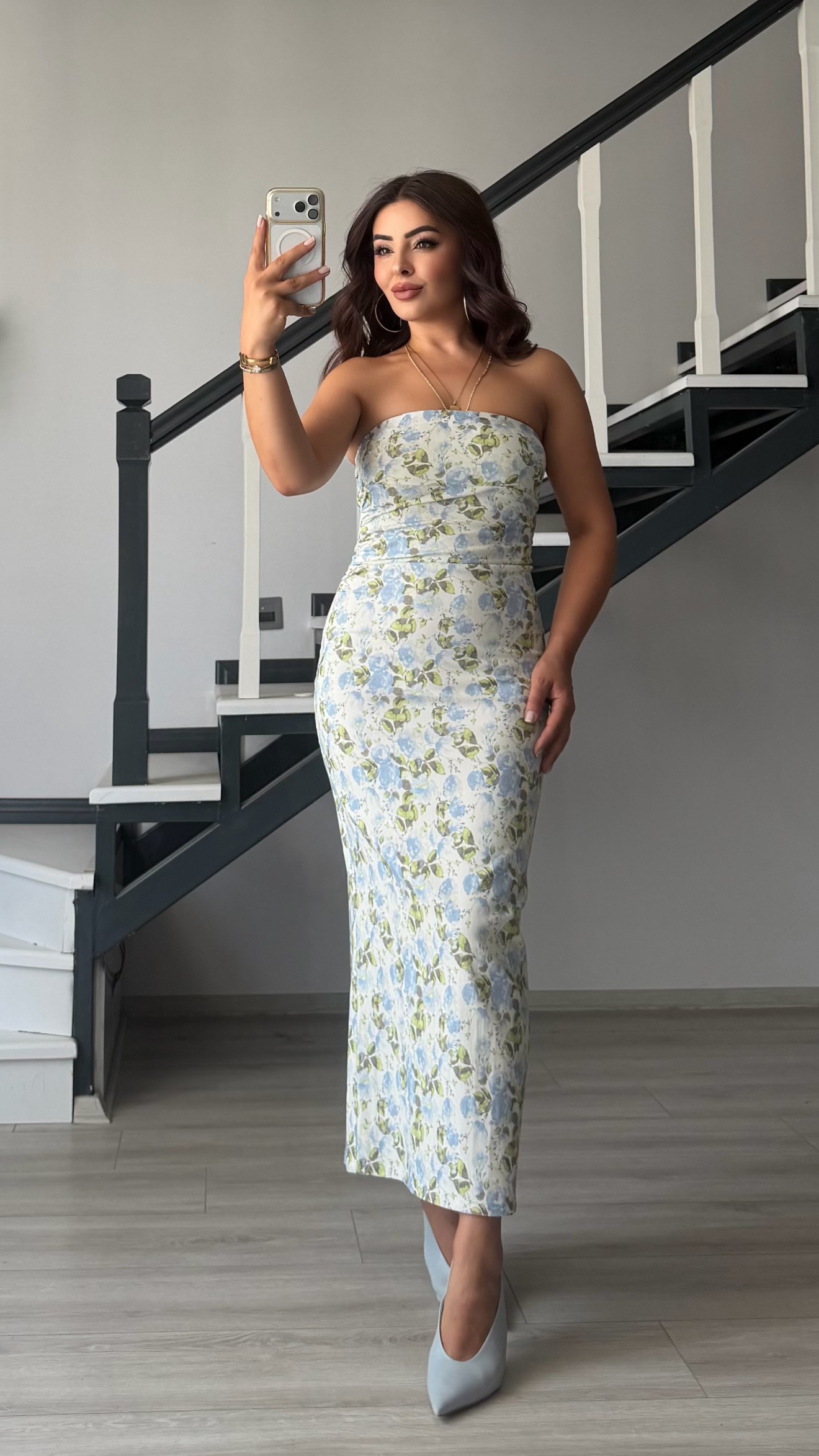 Blue Patterned Strapless Dress