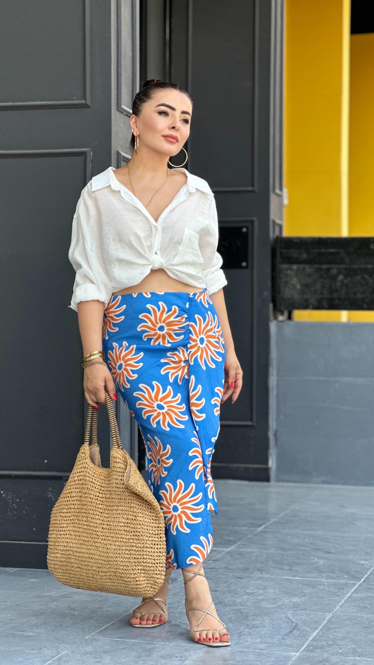 Blue Ruffled Patterned Skirt