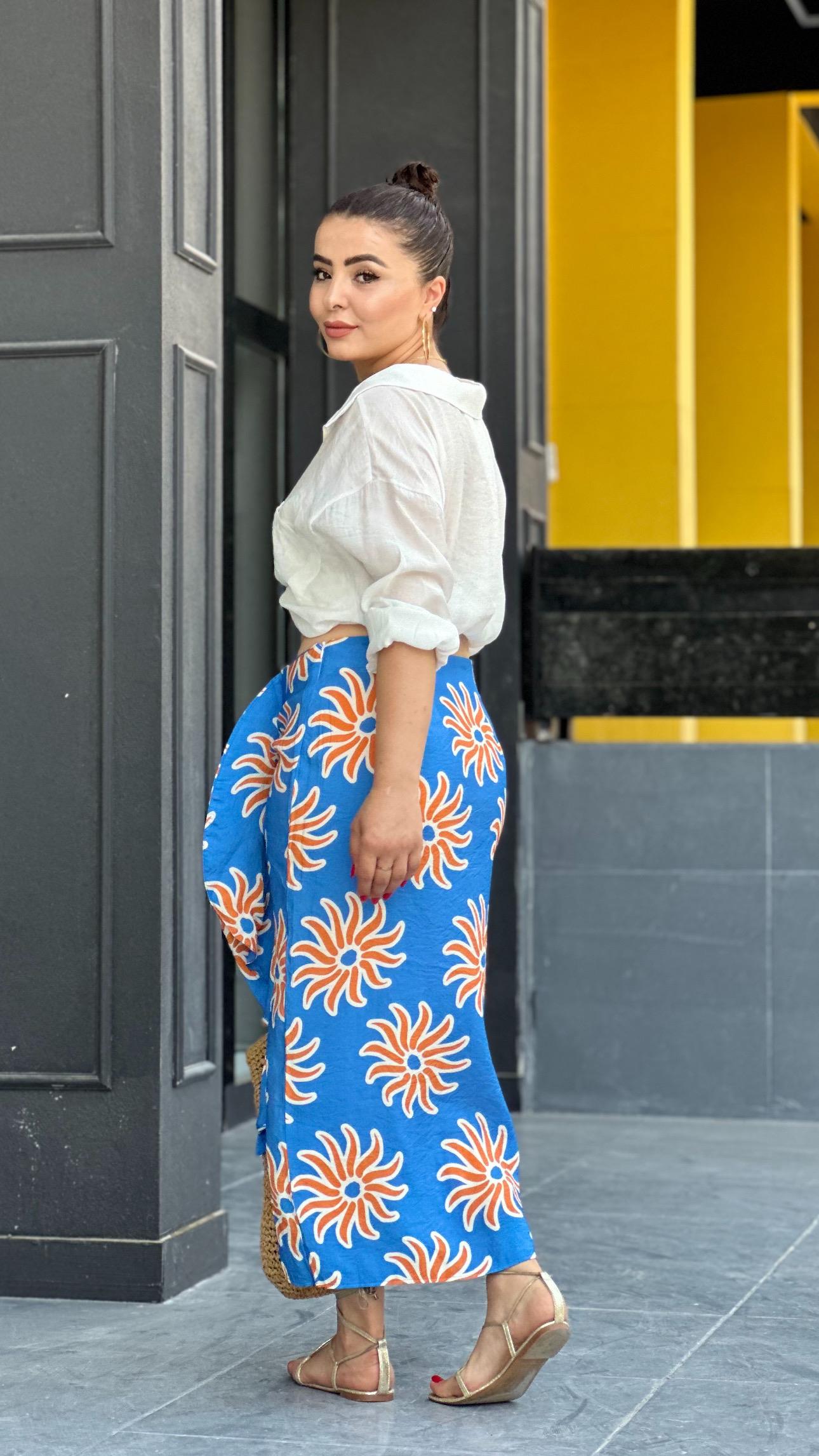 Blue Ruffled Patterned Skirt
