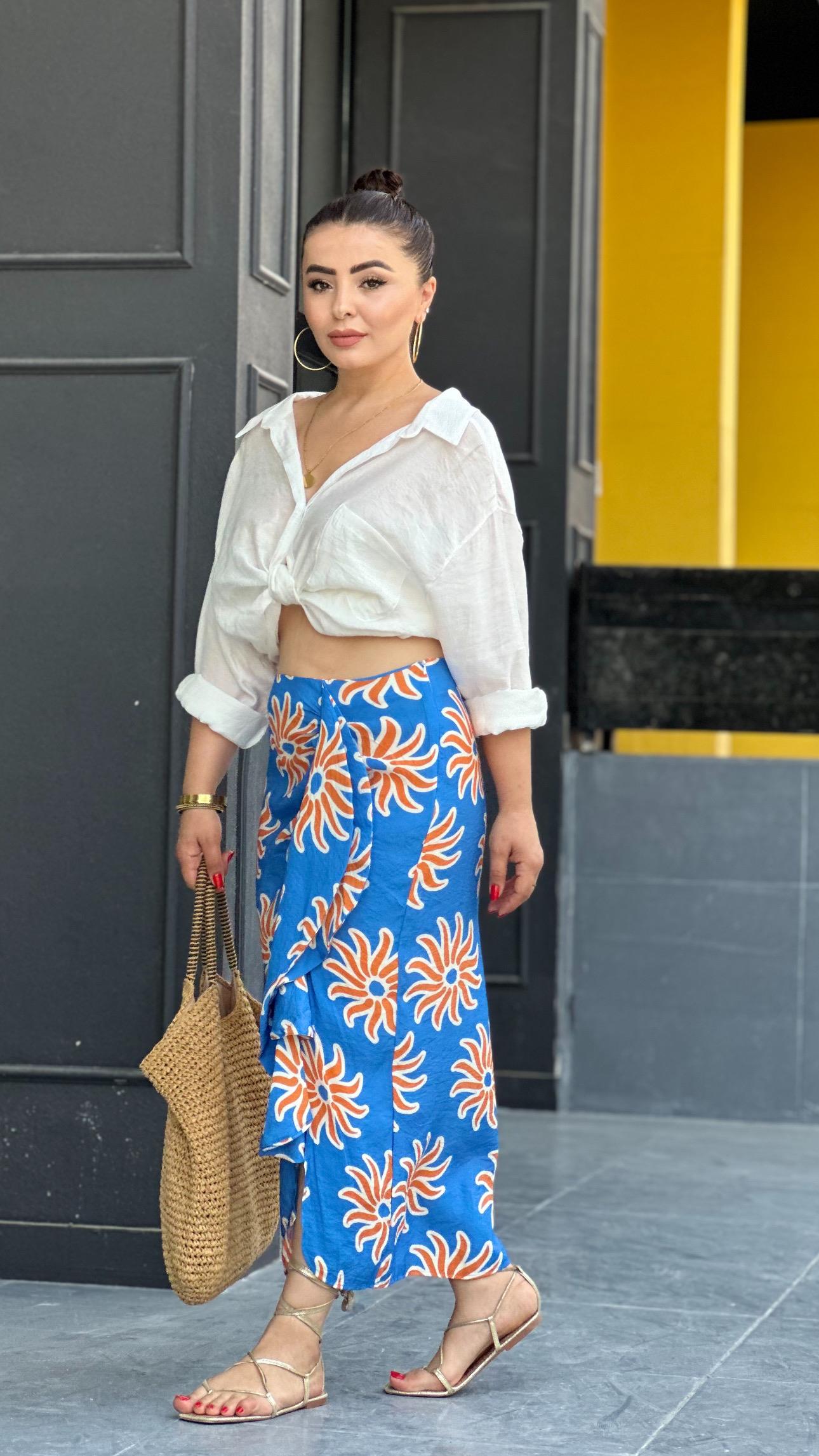 Blue Ruffled Patterned Skirt