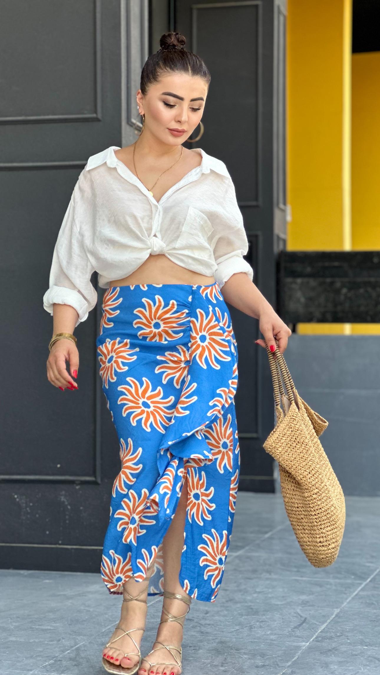 Blue Ruffled Patterned Skirt