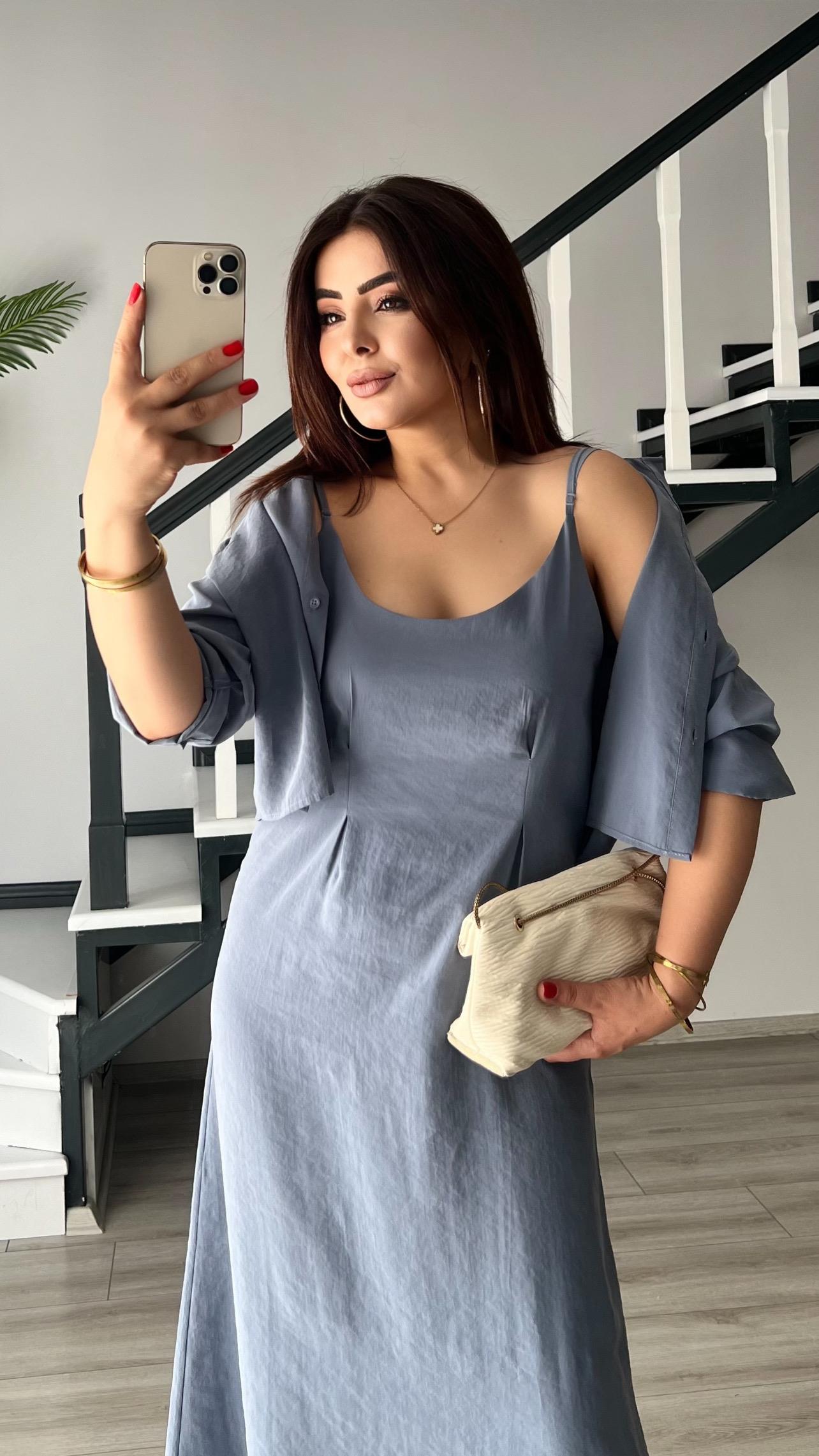 Blue-Gray Modal Fabric Shirt-Dress Set