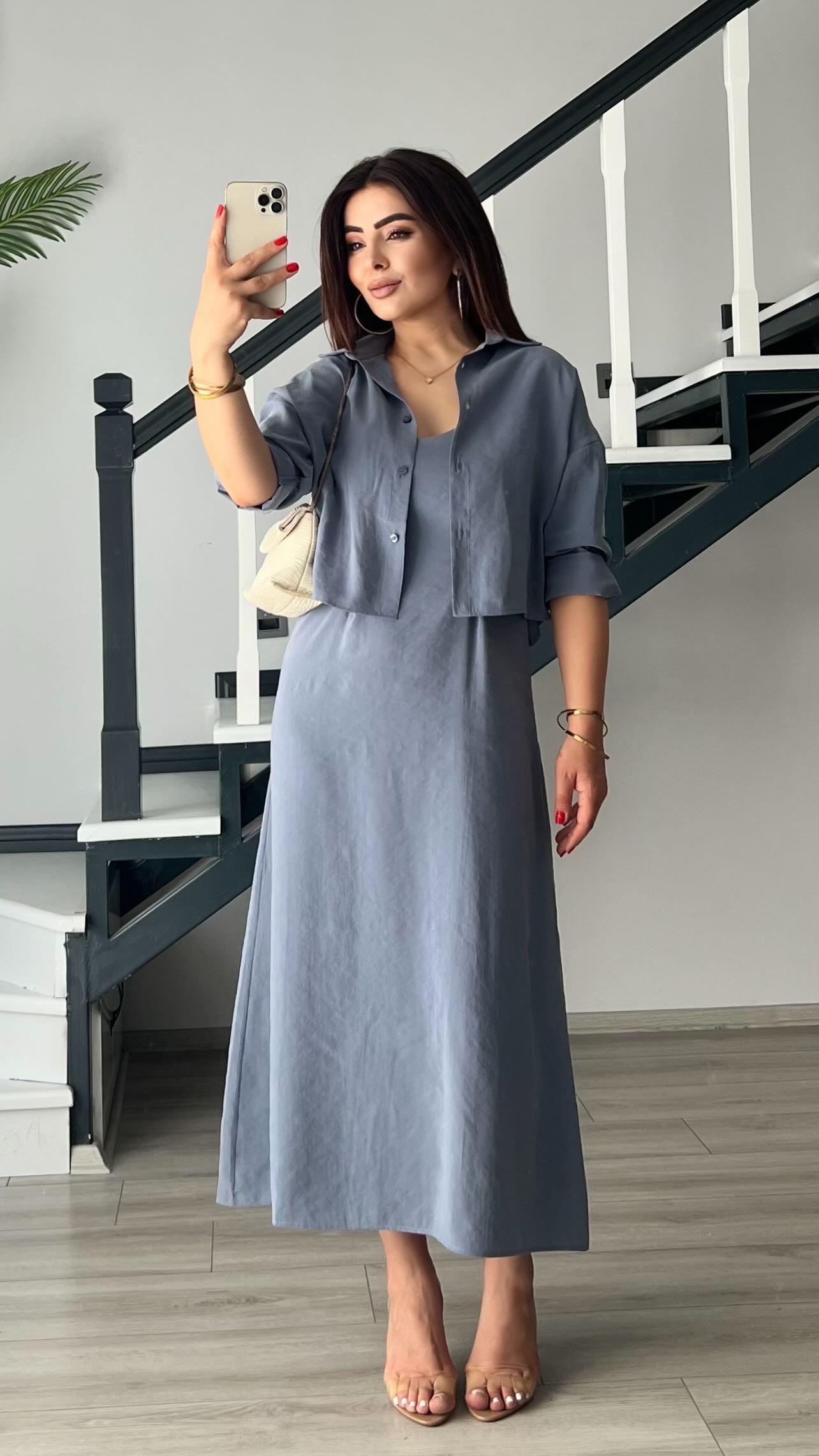 Blue-Gray Modal Fabric Shirt-Dress Set
