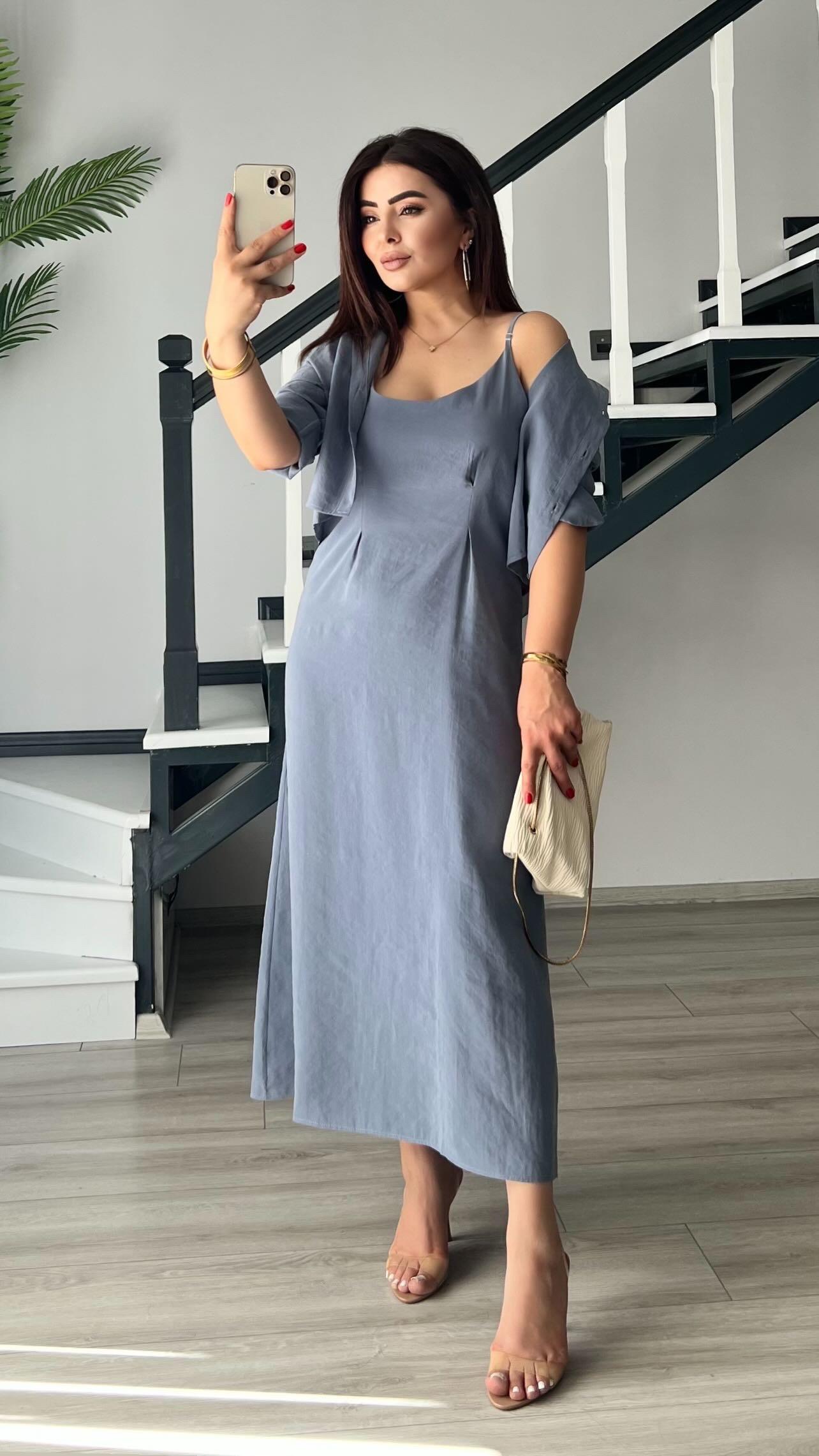 Blue-Gray Modal Fabric Shirt-Dress Set