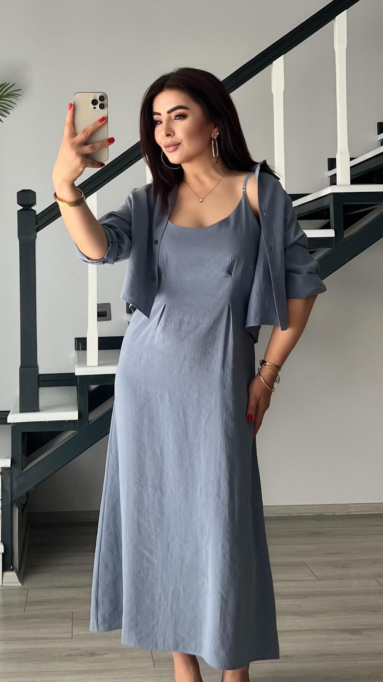 Blue-Gray Modal Fabric Shirt-Dress Set
