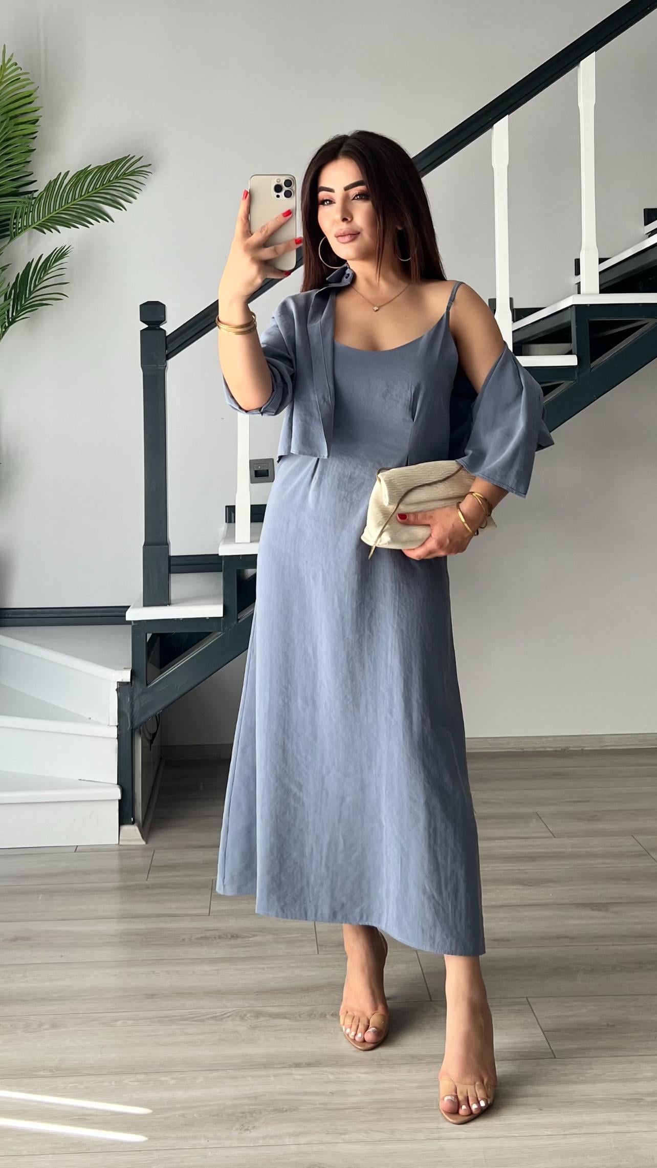 Blue-Gray Modal Fabric Shirt-Dress Set