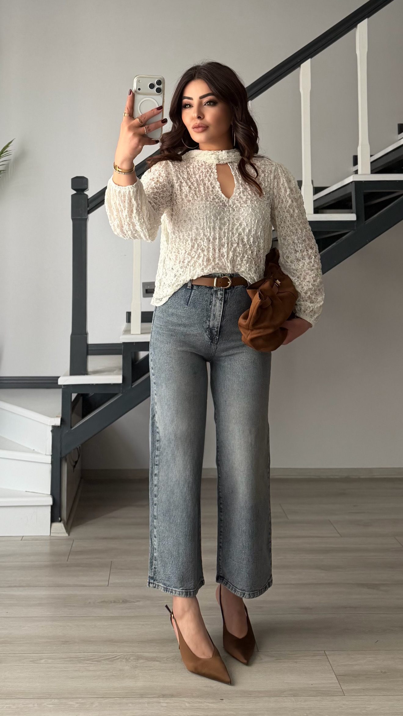 Blue Belted Wide Leg Jeans