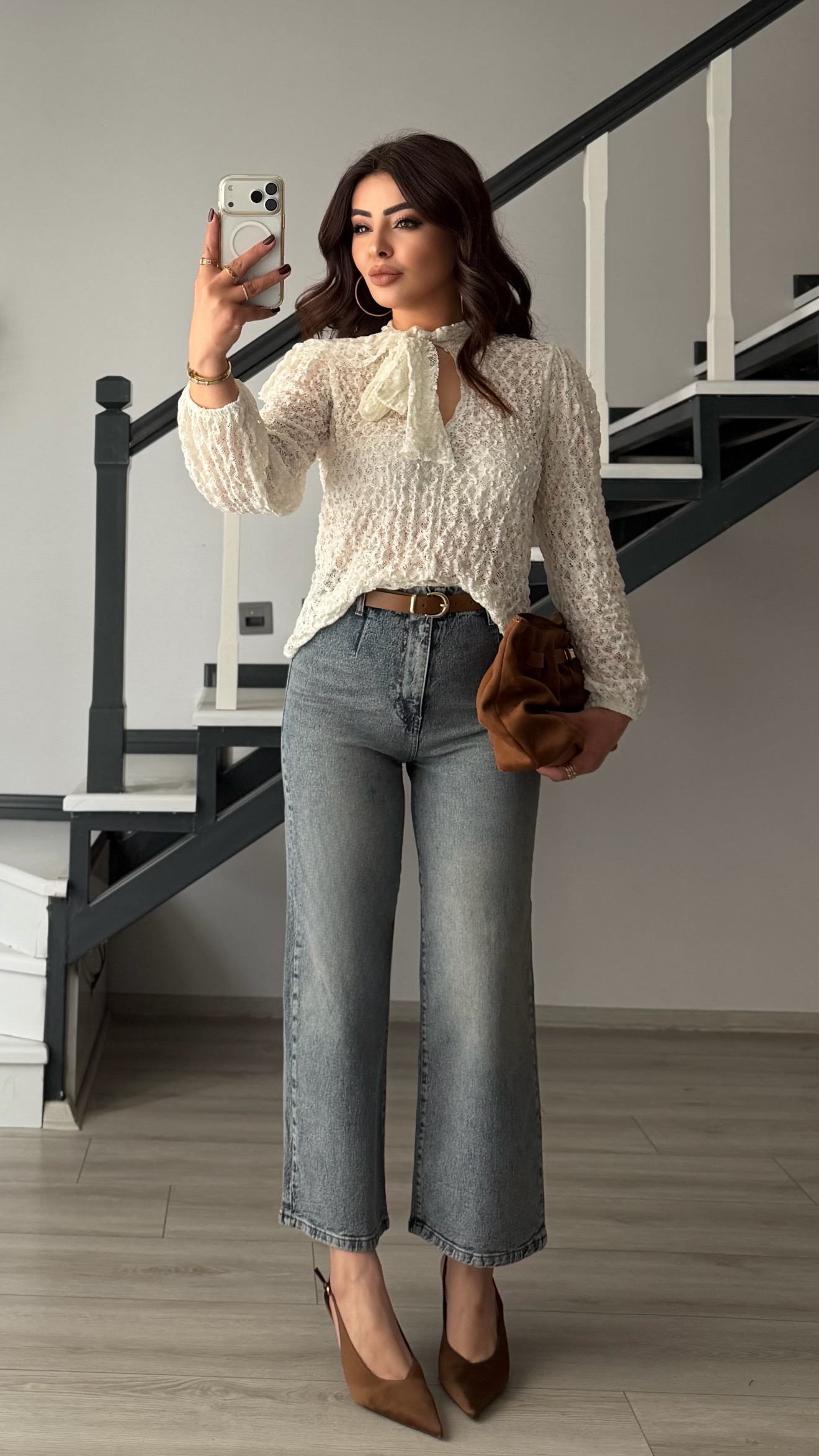 Blue Belted Wide Leg Jeans