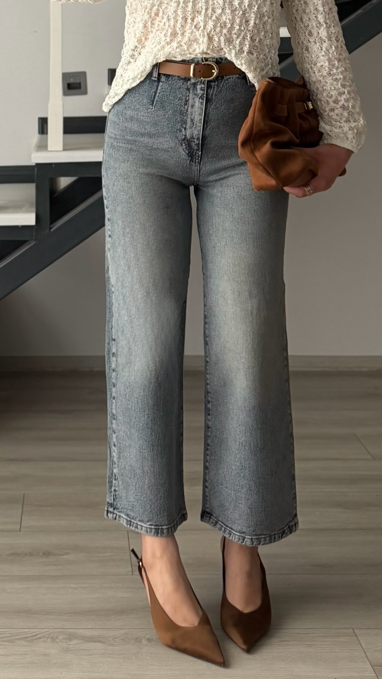 Blue Belted Wide Leg Jeans
