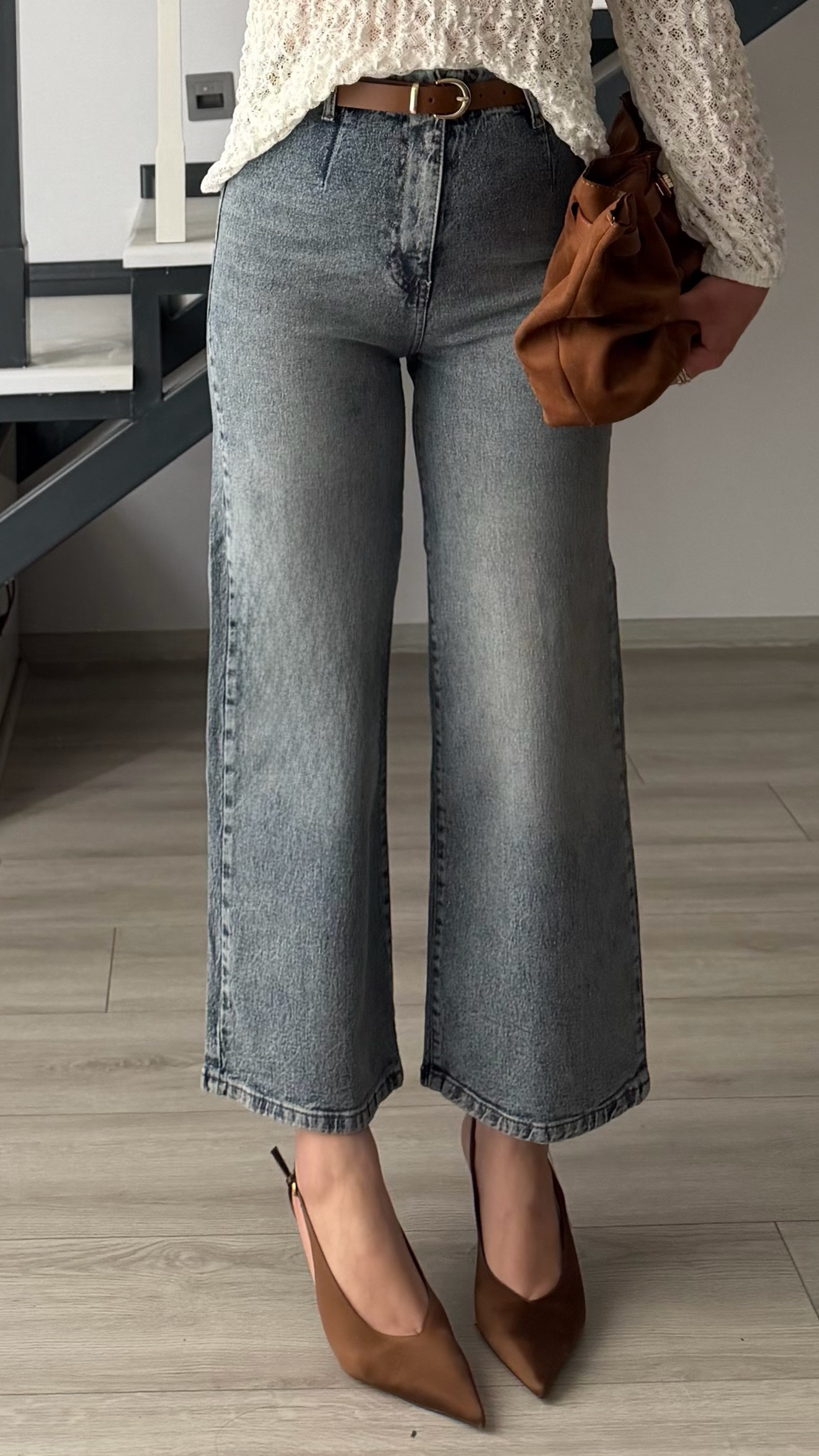 Blue Belted Wide Leg Jeans