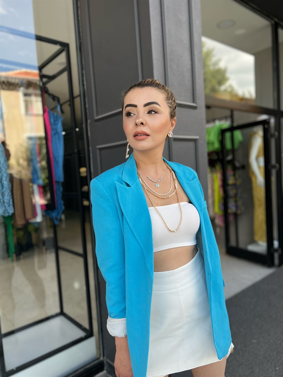 Mavi Keten Blazer Ceket
