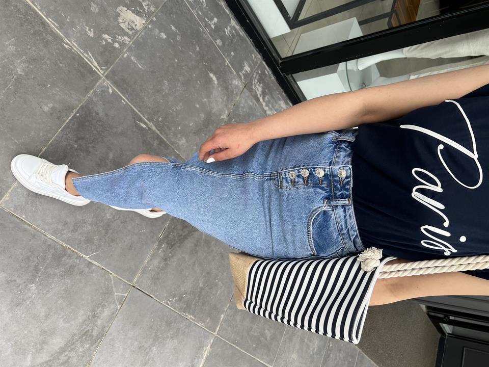 Mavi Önü Yırtmaçlı 5 Düğme Denim Etek